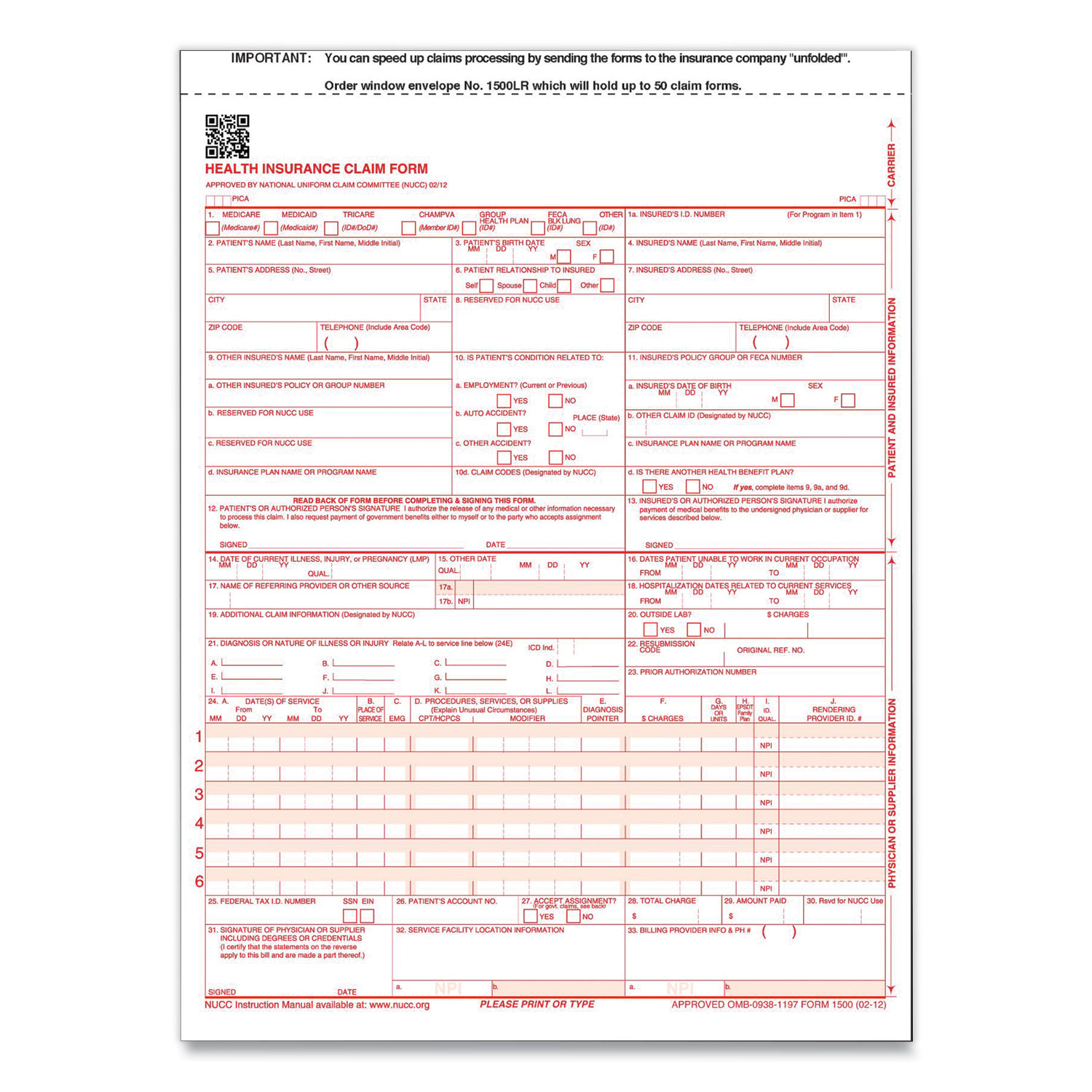  ComplyRight 650657 CMS-1500 Health Insurance Claim Forms, One-Part, 8.5 x 11, 100/Pack (TFP1032415) 