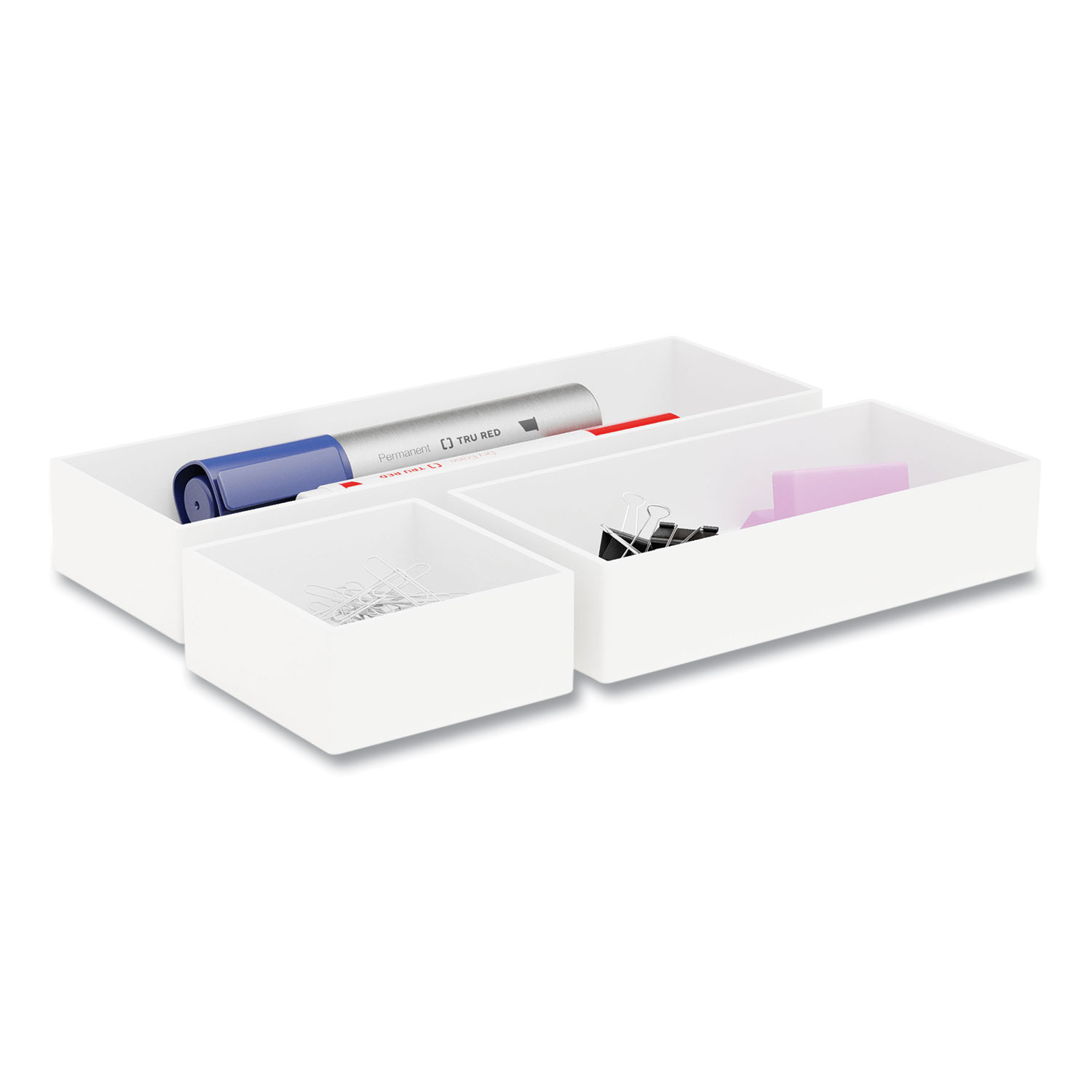 Three-Piece Plastic Drawer Organizer, 3.23 x 3.23 x 1.47, 6.26 x 3.23 x 1.47, 9.5 x 3.23 x 1.47, White, 3/Set