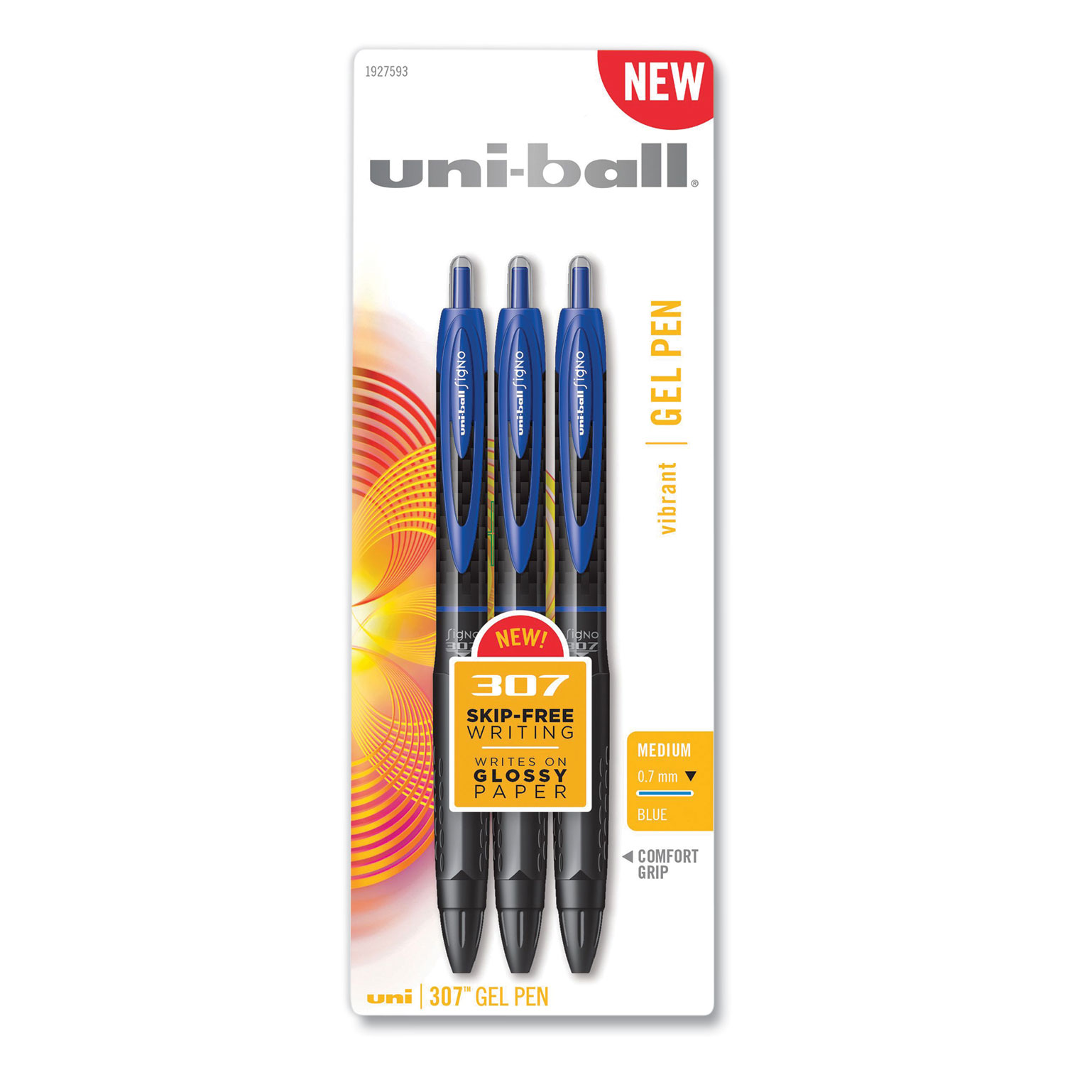  uni-ball 1927593 307 Retractable Gel Pen, Medium 0.7 mm, Blue Ink/Barrel, 3/Pack (UBC1498874) 