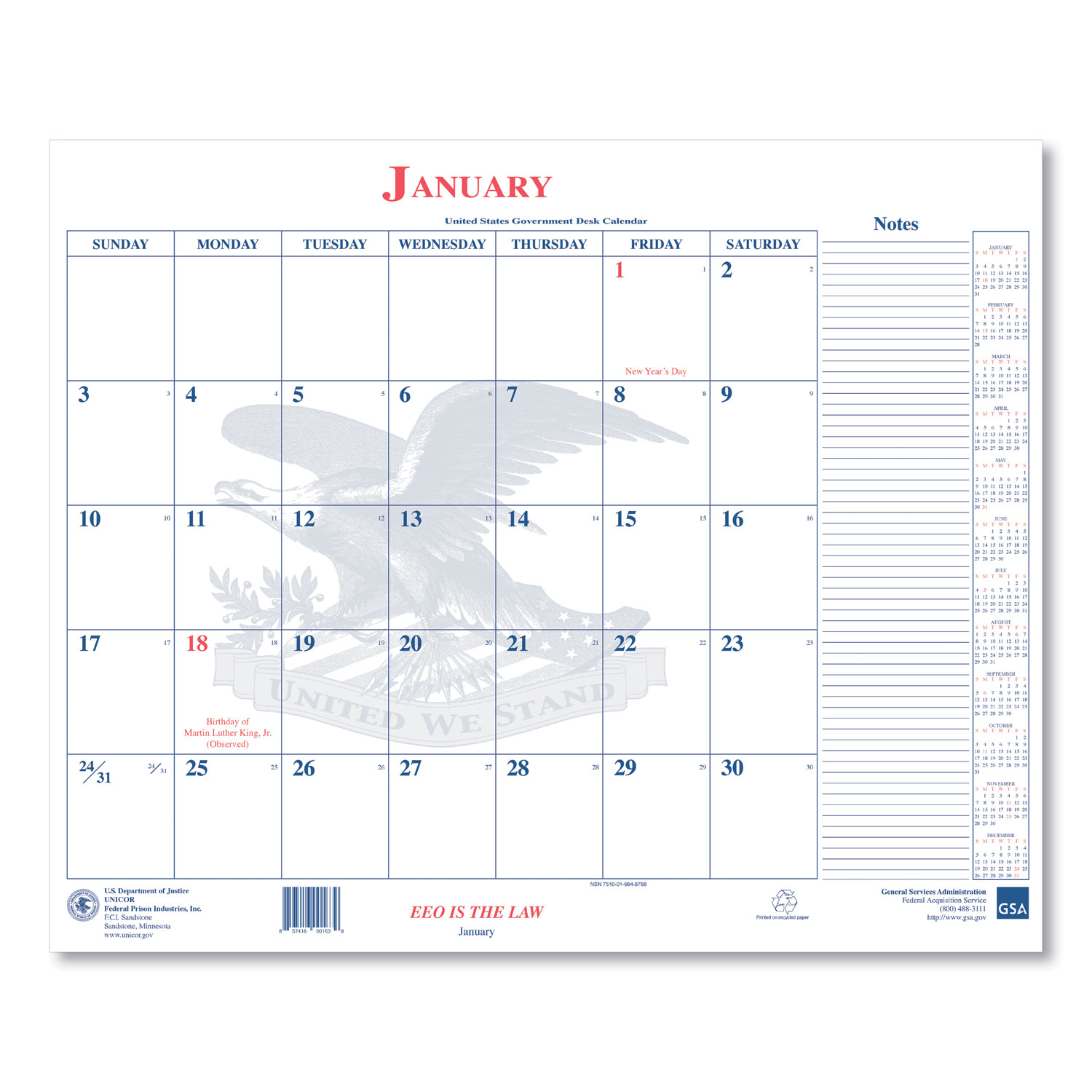 Unicor 7510016648788, Calendar Blotter, 18 x 22, 2021