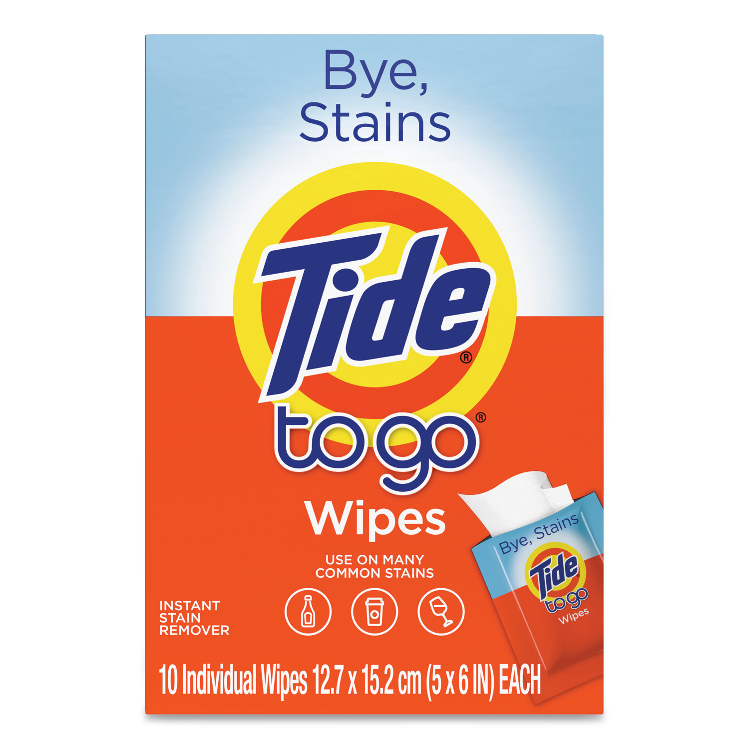  Tide 49089BX To Go Instant Stain Remover Wipes, 6 x 5, Scented, 10/Box (PGC49089BX) 