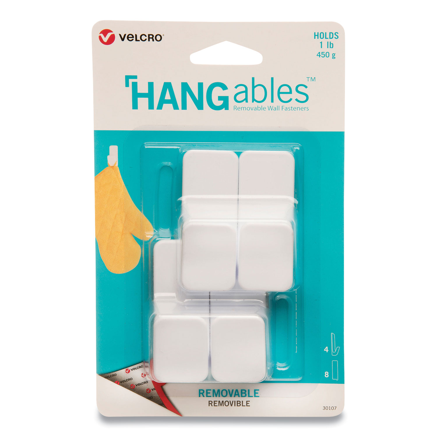 VELCRO® Brand HANGables Removable Wall Hooks, Small, 1 lb Capacity, White, 4 Hooks and 4 Fasteners
