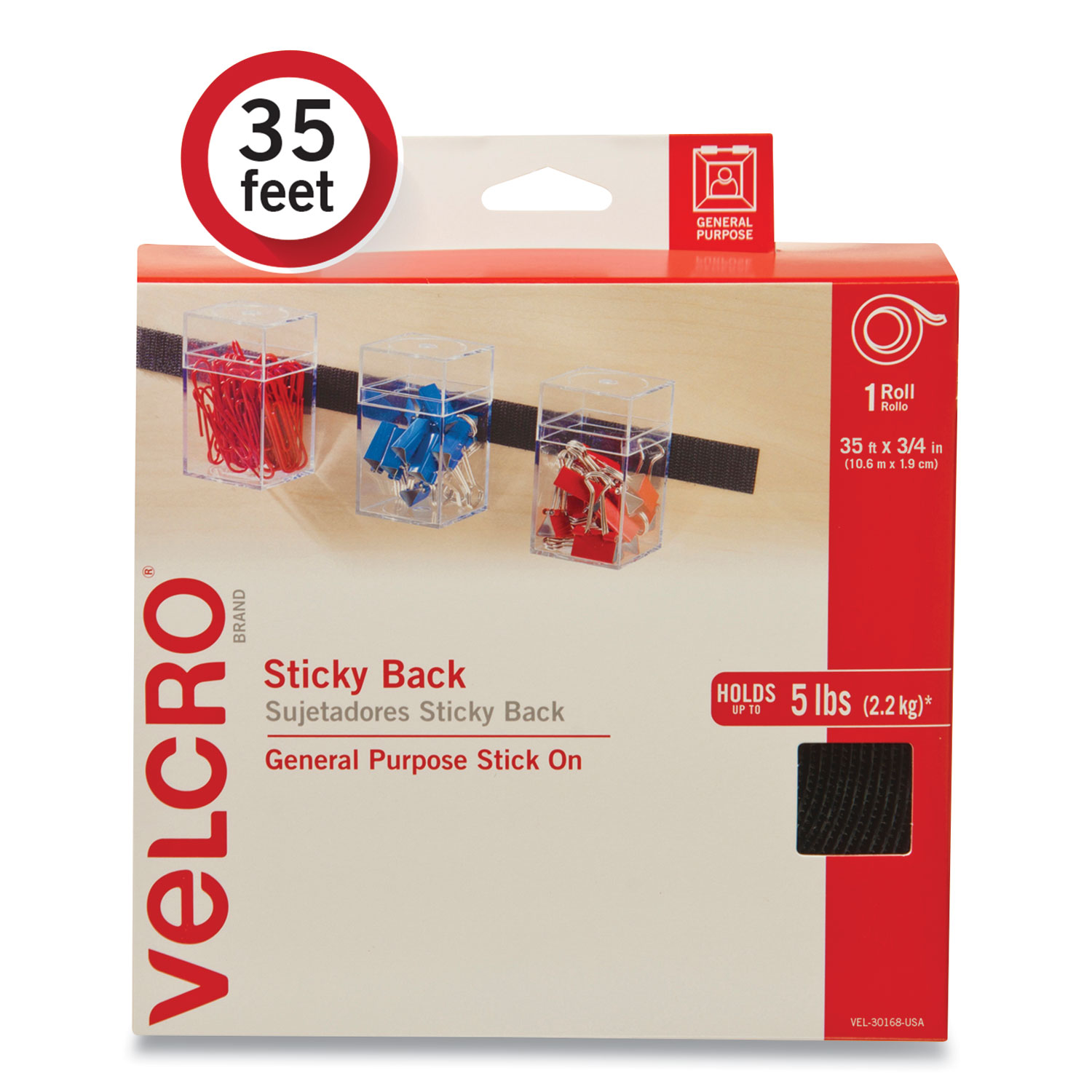 VELCRO® Brand Sticky-Back Fasteners, Removable Adhesive, 0.75 x 35 ft, Black