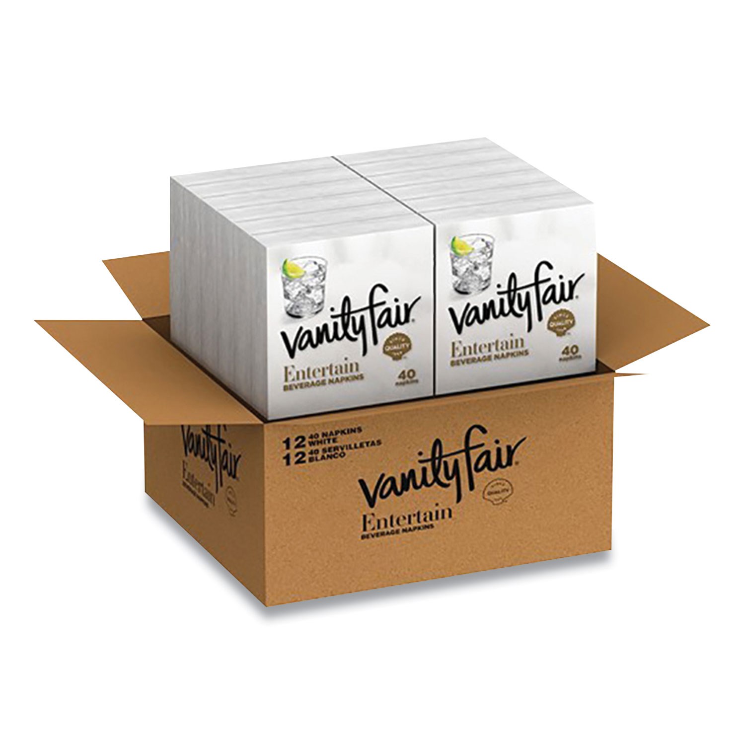  Vanity Fair 35134 Entertain Beverage Napkins, 2-Ply, 9.8 x 9.8, White, 40/Pack, 12 Packs/Carton (VTF24426980) 