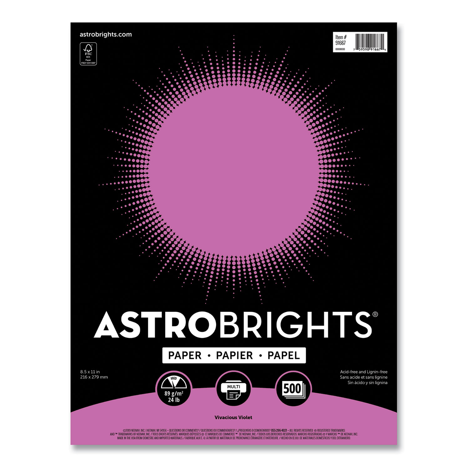 Astrobrights® Color Paper, 24 lb, 8.5 x 11, Vivacious Violet, 500/Ream