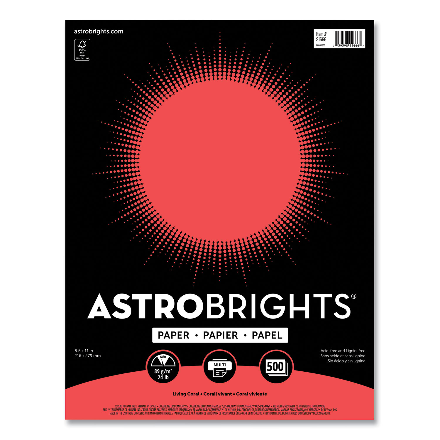  Astrobrights 91666 Color Paper, 24 lb, 8.5 x 11, Living Coral, 500/Ream (WAU24396492) 