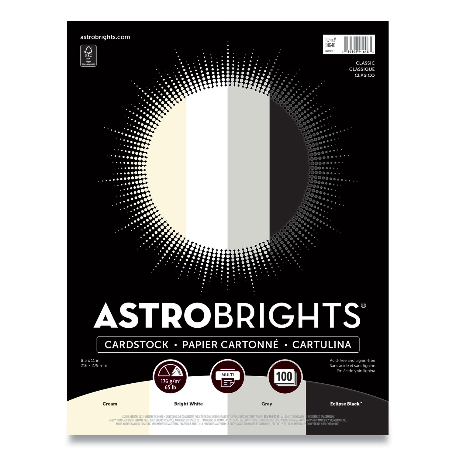 Astrobrights® Color Cardstock - Classic Assortment, 65 lb, 8.5 x 11, Assorted Classic Colors, 100/Pack