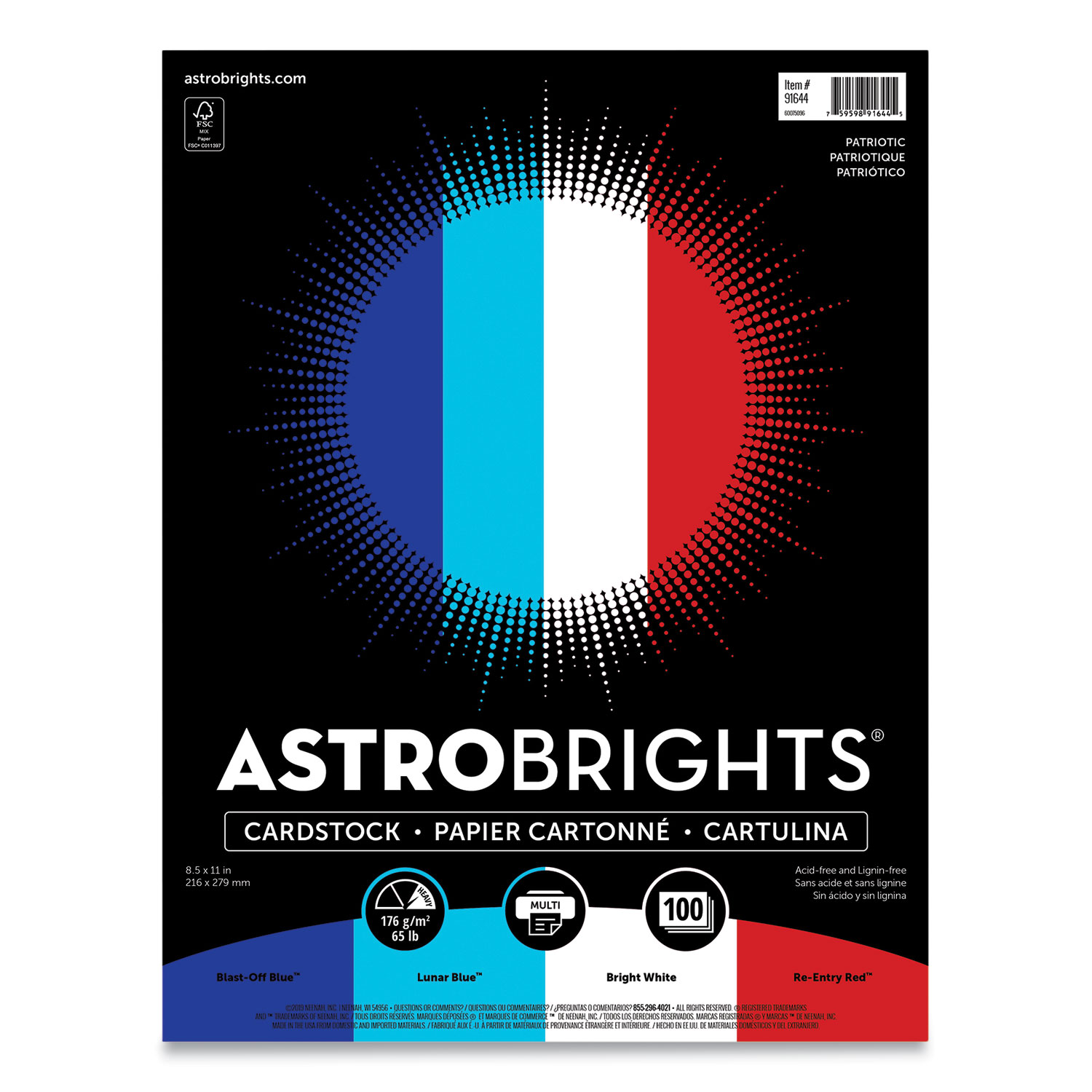  Astrobrights 91644 Color Cardstock - Patriotic Assortment, 65 lb, 8.5 x 11, Assorted Patriotic Colors, 100/Pack (WAU24396494) 