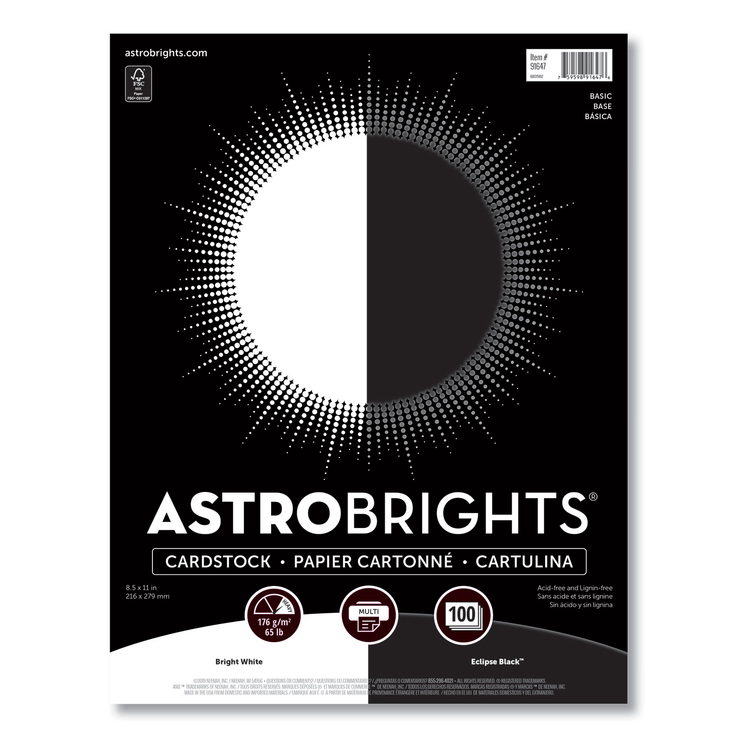 Astrobrights® Color Cardstock - Basic Assortment, 65 lb, 8.5 x 11, Assorted Basic Colors, 100/Pack