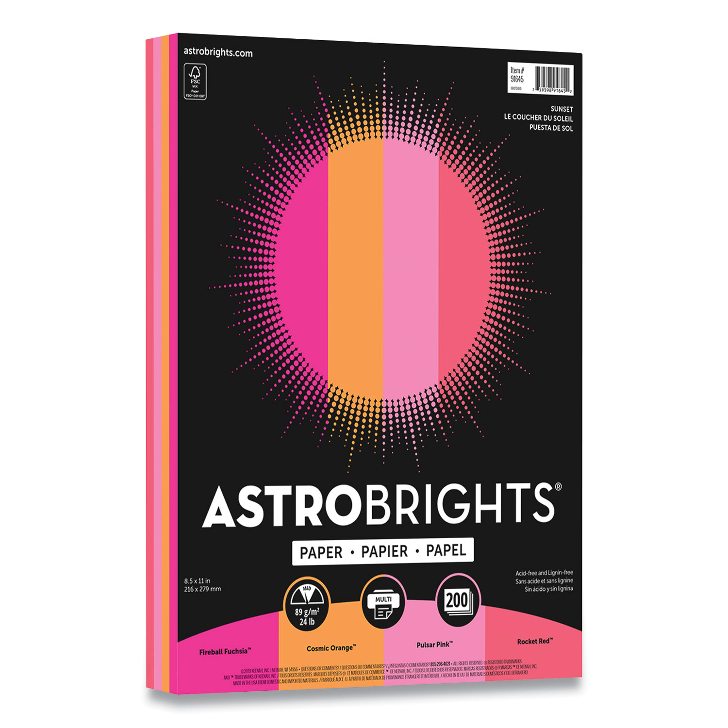  Astrobrights 91645 Color Paper - Sunset Assortment, 24 lb, 8.5 x 11, Assorted Sunset Colors, 200/Pack (WAU24396496) 