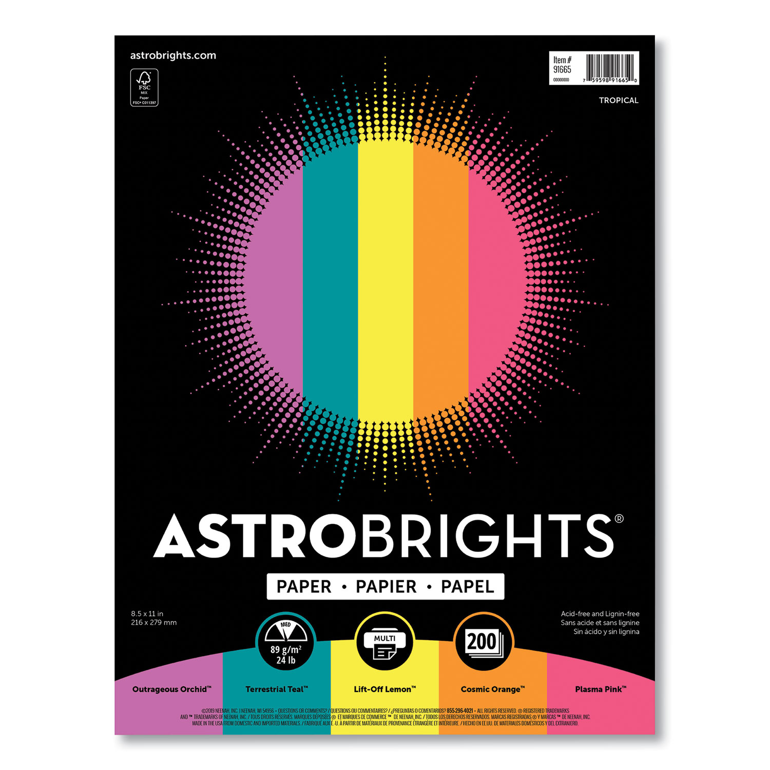 Astrobrights® Color Paper - Tropical Assortment, 24 lb, 8.5 x 11, Assorted Tropical Colors, 500/Ream