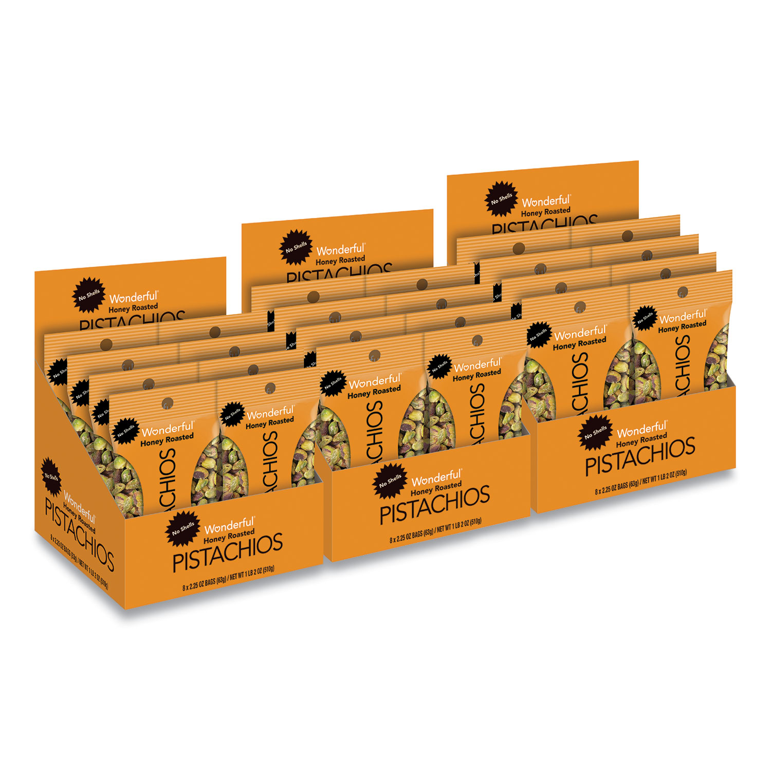 Paramount Farms® Wonderful No Shells Honey-Roasted Pistachios, 2.25 oz Bag, 24/Carton