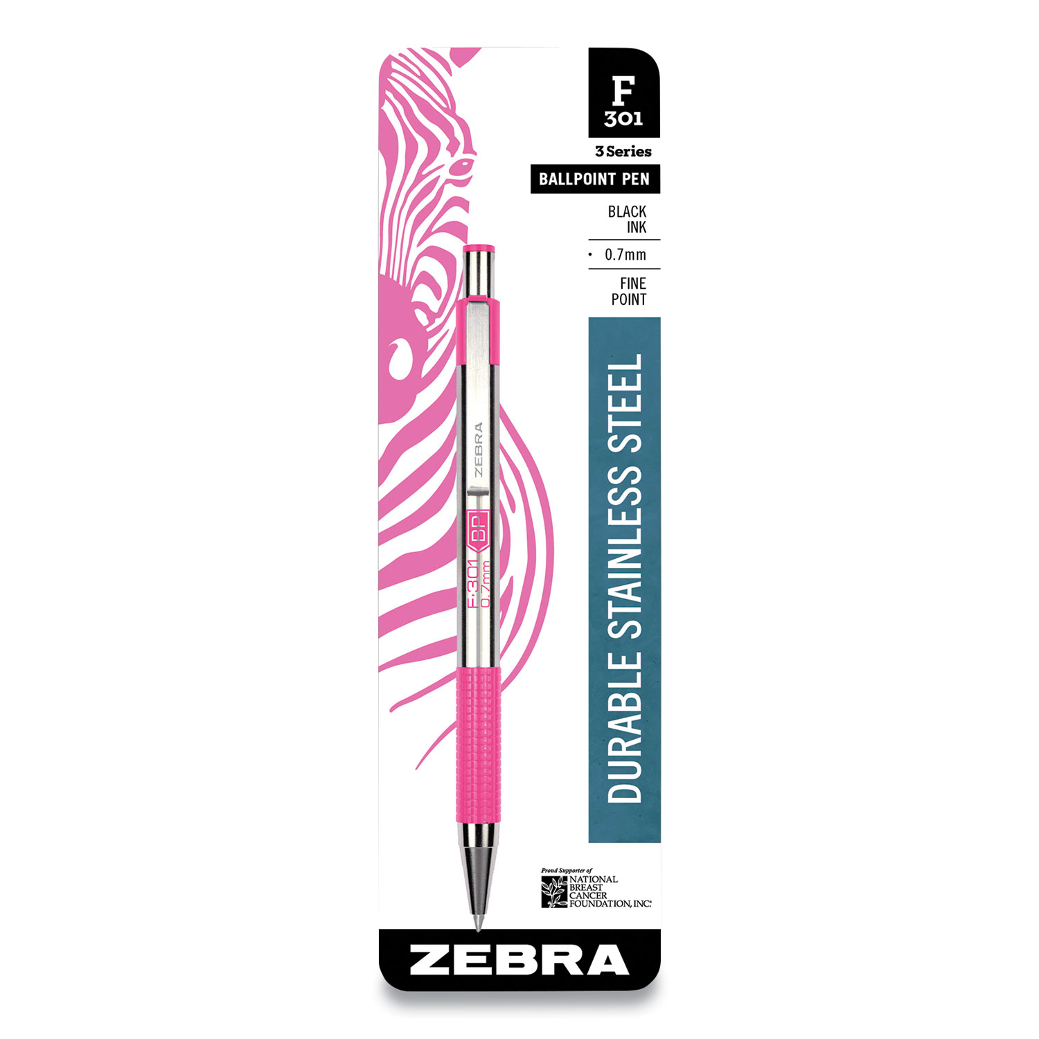 Zebra® F-301 BCA Retractable Ballpoint Pen, Fine 0.7 mm, Black Ink, Stainless Steel/Pink Barrel
