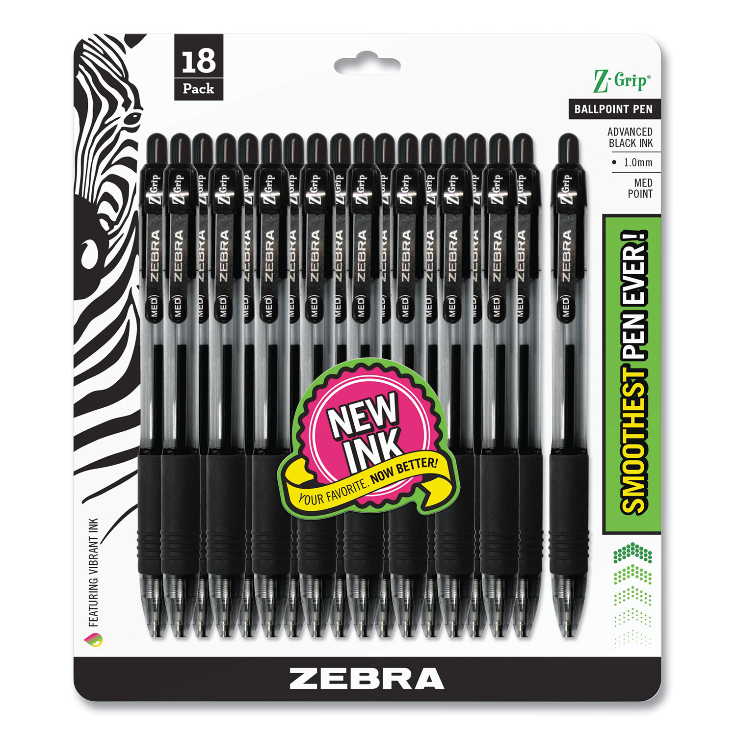 Zebra® Z-Grip Retractable Ballpoint Pen, Medium 1 mm, Black Ink, Clear Barrel, 18/Pack