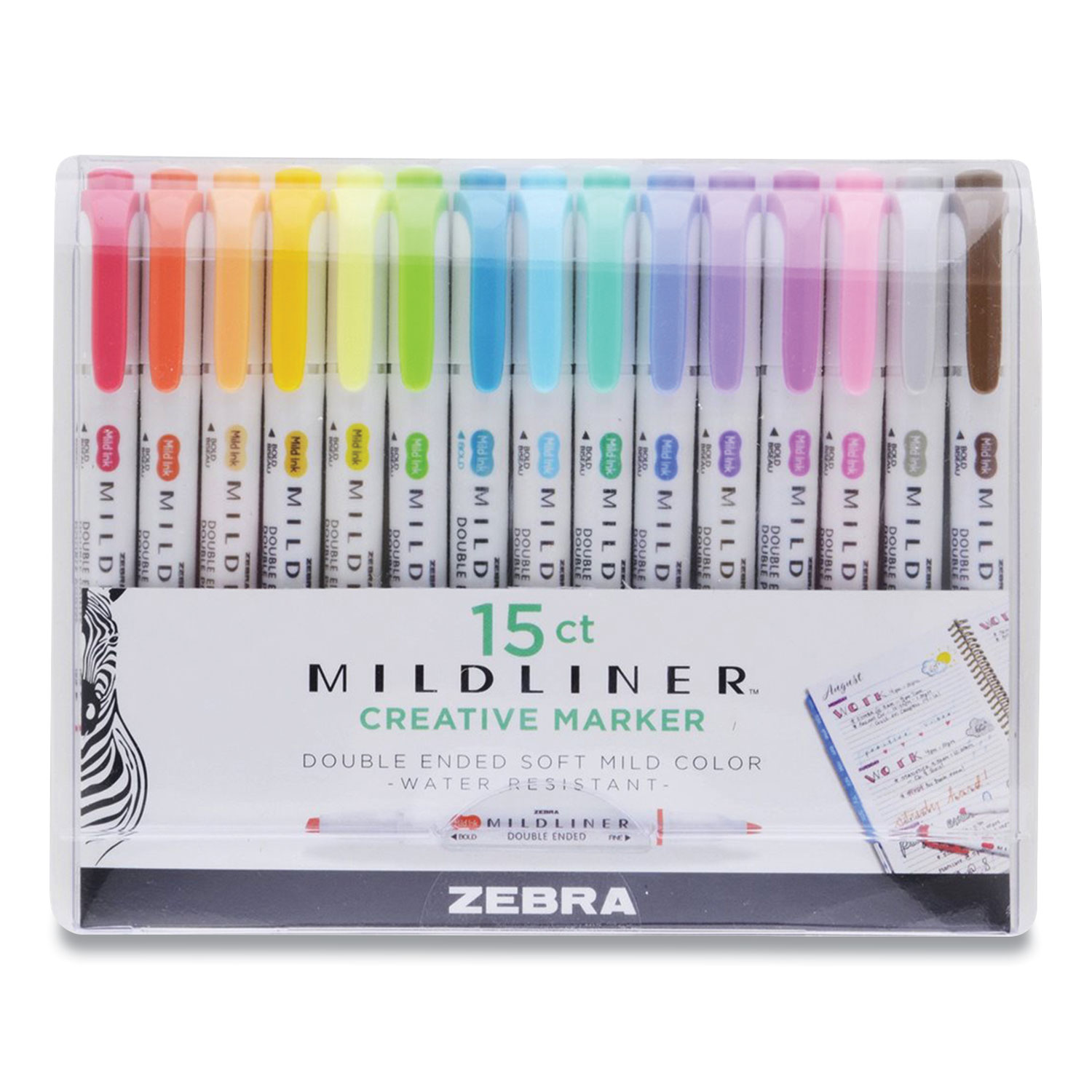  Zebra 78115 Mildliner Double Ended Highlighter, Chisel/Bullet Tip, Assorted Colors, 15/Pack (ZEB24422953) 