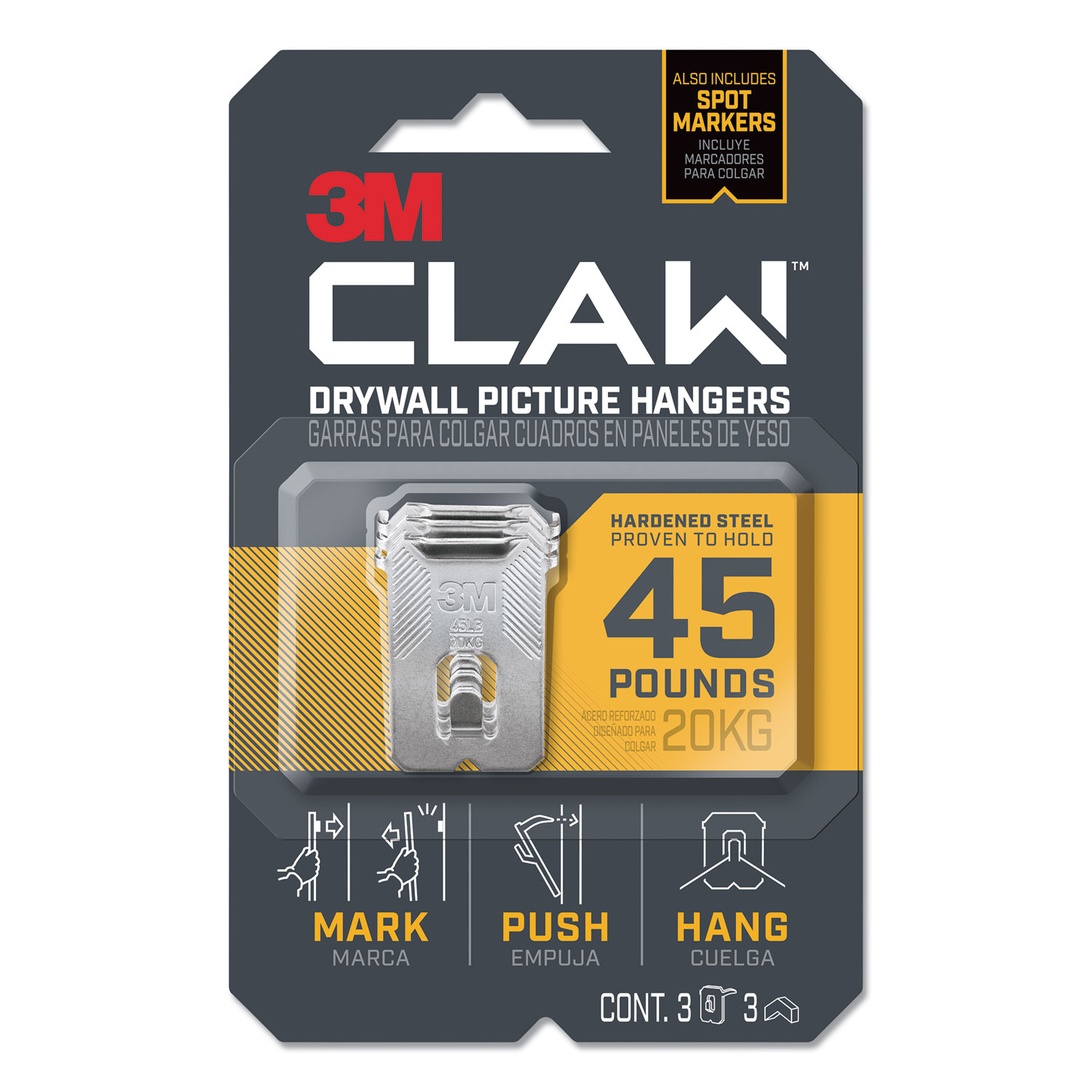  3M 3PH45M-3ES Claw Drywall Picture Hanger, Holds 45 lbs, 3 Hooks and 3 Spot Markers, Stainless Steel (MMM3PH45M3ES) 