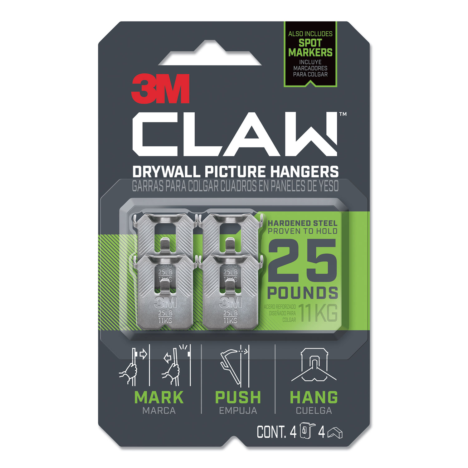  3M 3PH25M-4ES Claw Drywall Picture Hanger, Holds 25 lbs, 4 Hooks and 4 Spot Markers, Stainless Steel (MMM3PH25M4ES) 