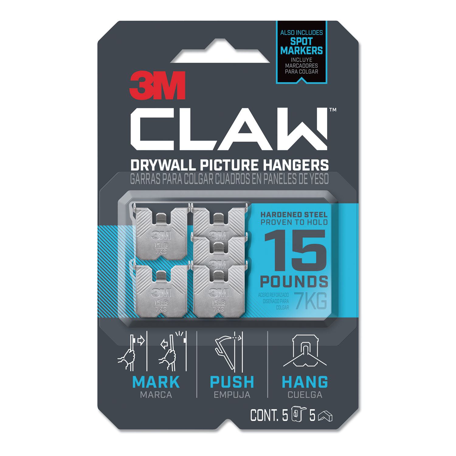 3M™ Claw Drywall Picture Hanger, Holds 15 lbs, 5 Hooks and 5 Spot Markers, Stainless Steel