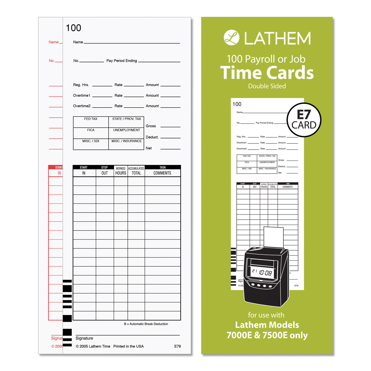  Lathem Time E79-100 Time Cards for Lathem 7000E and 7500E Time Clocks, Bi-Weekly; Semi-Monthly; Weekly, Two-Sided, 3.38 x 8.78, 100/Pack (LTH896111) 