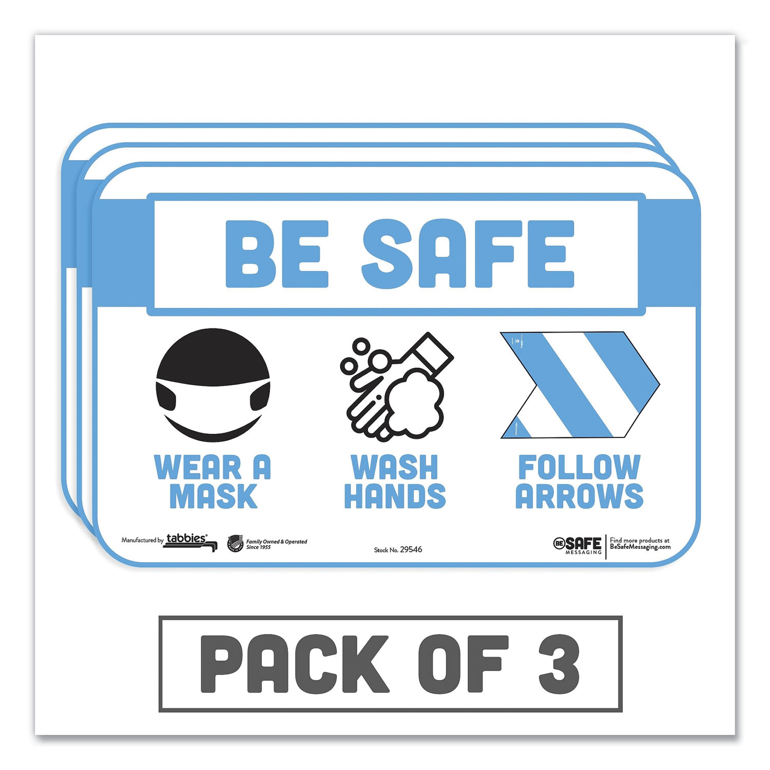 Tabbies® BeSafe Messaging Education Wall Signs, 9 x 6, Be Safe, Wear a Mask, Wash Your Hands, Follow the Arrows, 3/Pack