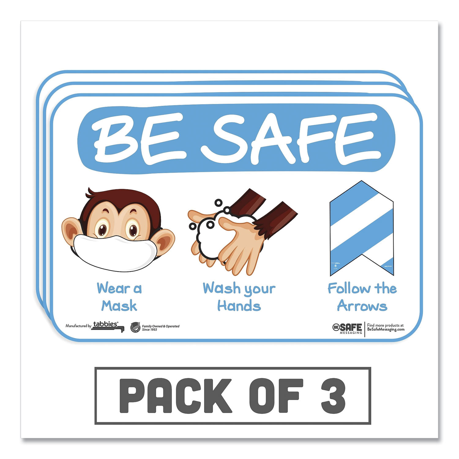 Tabbies® BeSafe Messaging Education Wall Signs, 9 x 6, Be Safe, Wear a Mask, Wash Your Hands, Follow the Arrows, Monkey, 3/Pack