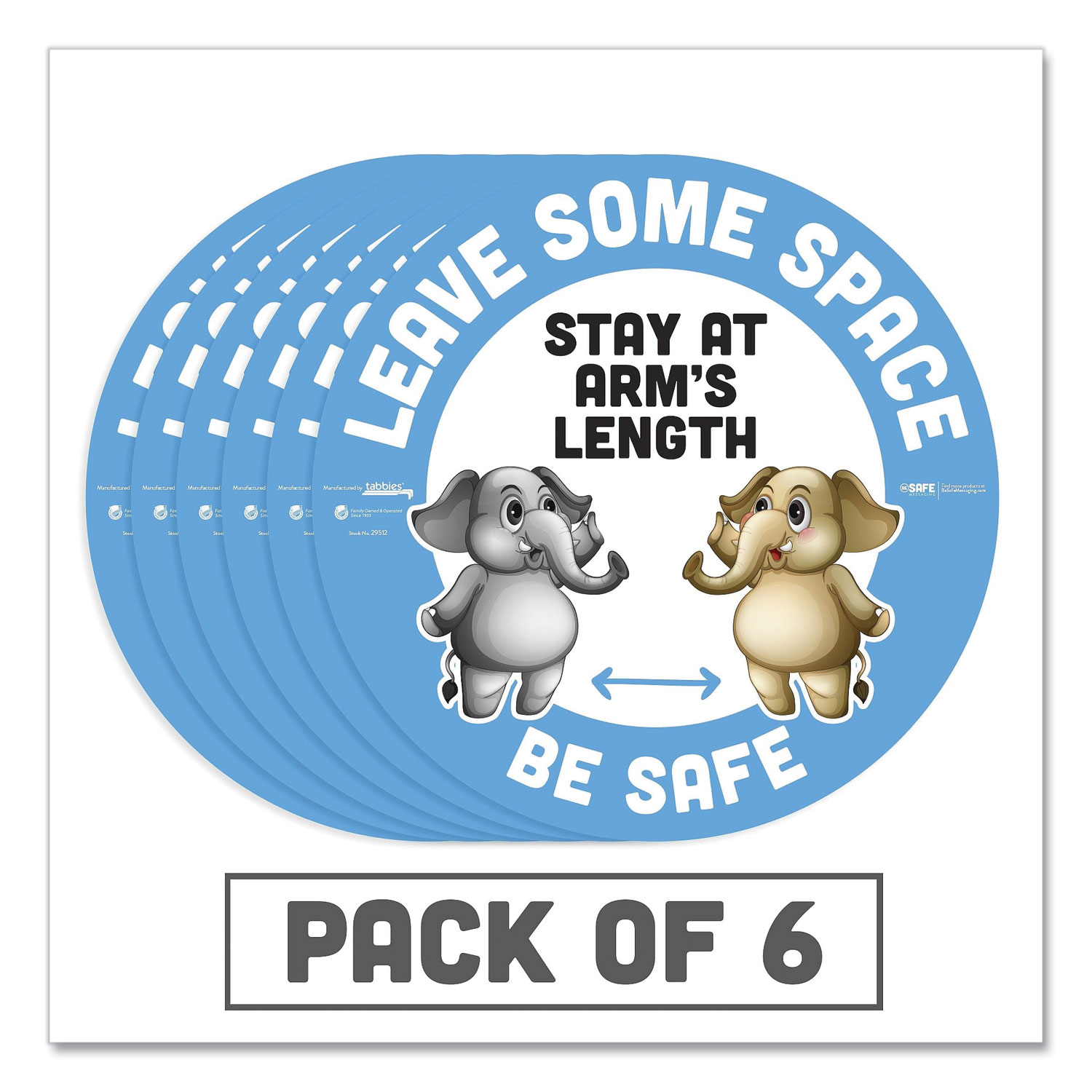 Tabbies® BeSafe Messaging Education Floor Signs, Leave Some Space; Stay At Arms Length; Be Safe, 12 dia, White/Blue, 6/Pack
