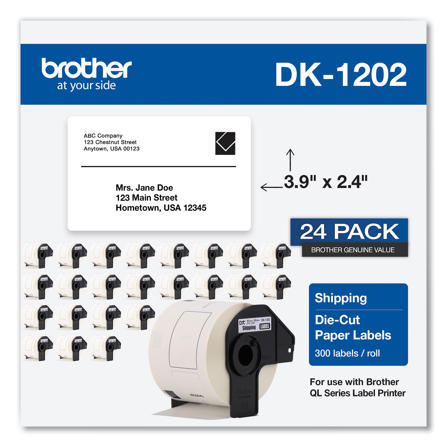  Brother DK120224PK Die-Cut Shipping Labels, 2.4 x 3.9, White, 300/Roll, 24 Rolls/Pack (BRTDK120224PK) 