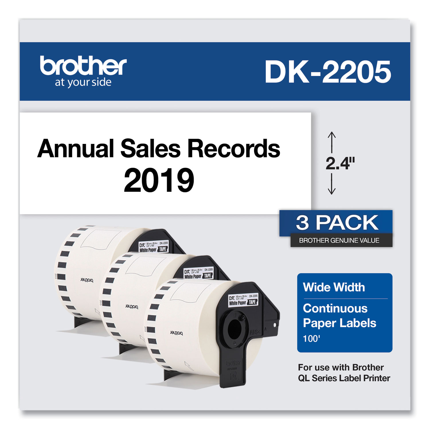  Brother DK22053PK Continuous Paper Label Tape, 2.4 x 100 ft, White, 3 Rolls/Pack (BRTDK22053PK) 