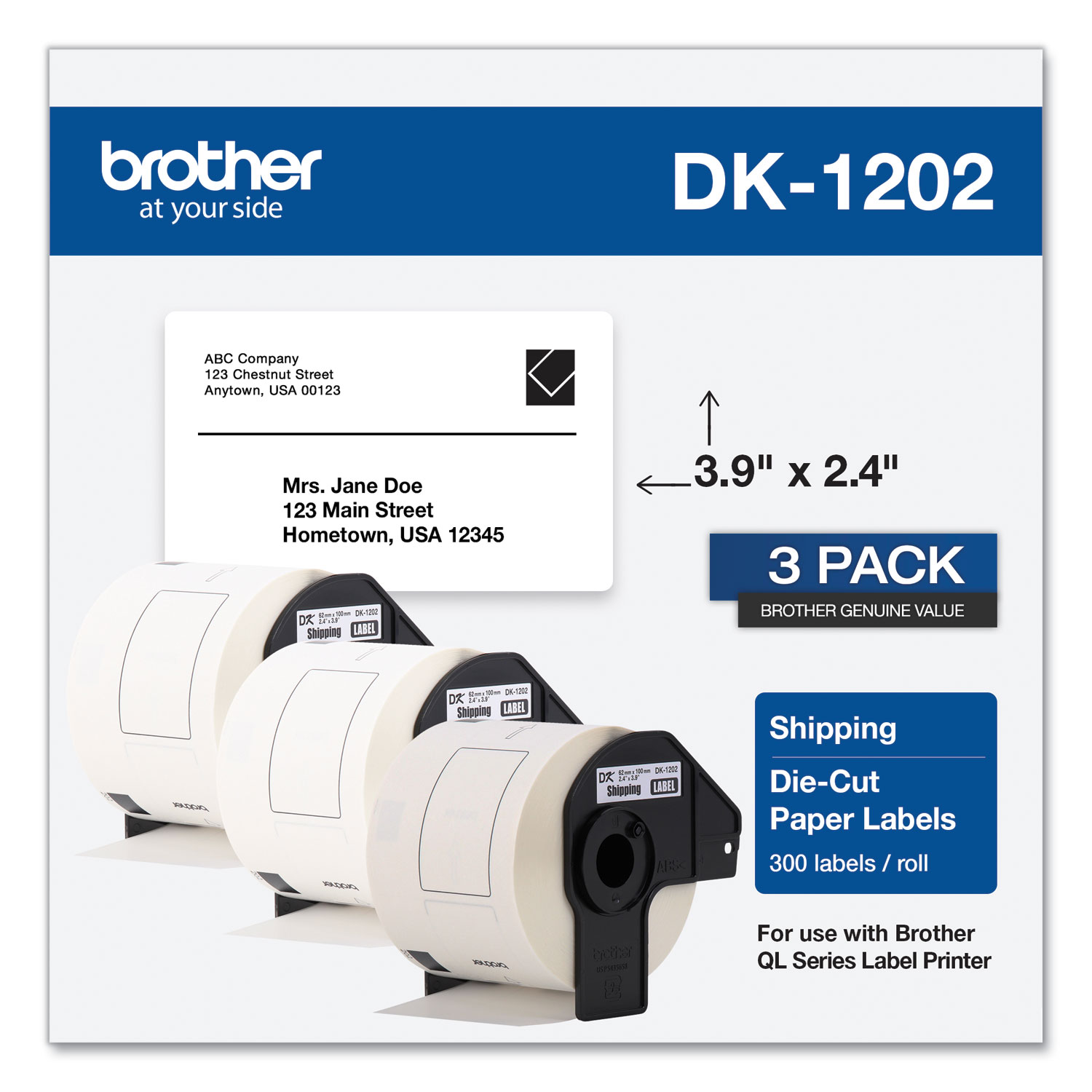 Brother Die-Cut Shipping Labels, 2.4 x 3.9, White, 300/Roll, 3 Rolls/Pack