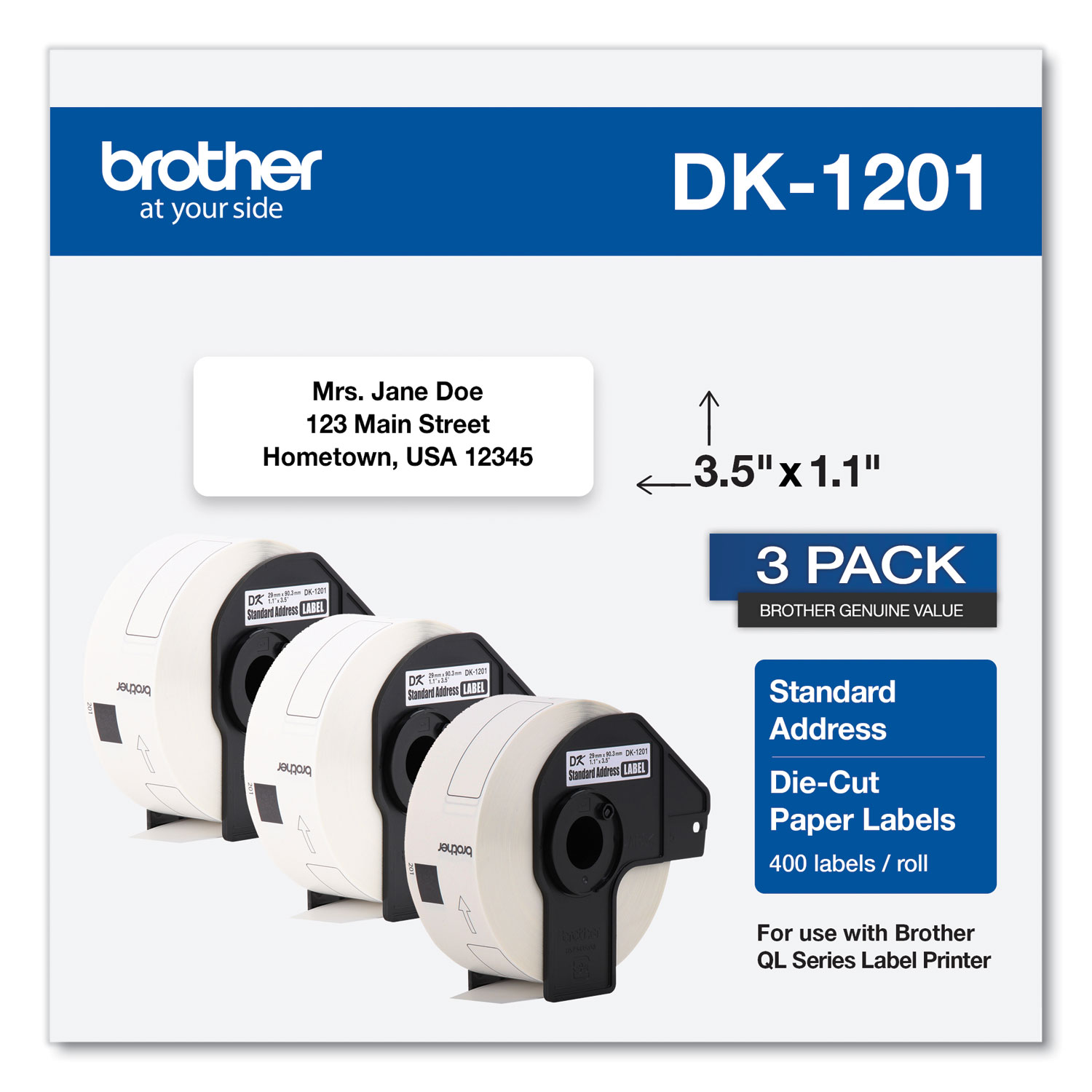  Brother DK12013PK Die-Cut Address Labels, 1.1 x 3.5, White, 400/Roll, 3 Rolls/Pack (BRTDK12013PK) 