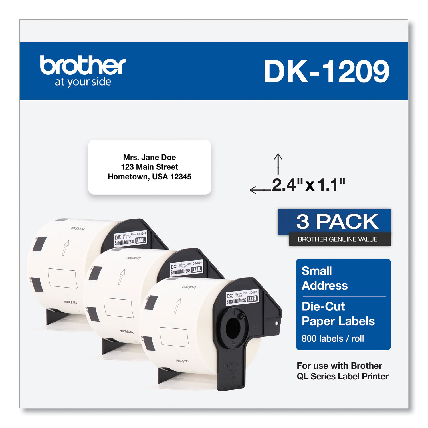  Brother DK12093PK Die-Cut Address Labels, 1.1 x 2.4, White, 800/Roll, 3 Rolls/Pack (BRTDK12093PK) 