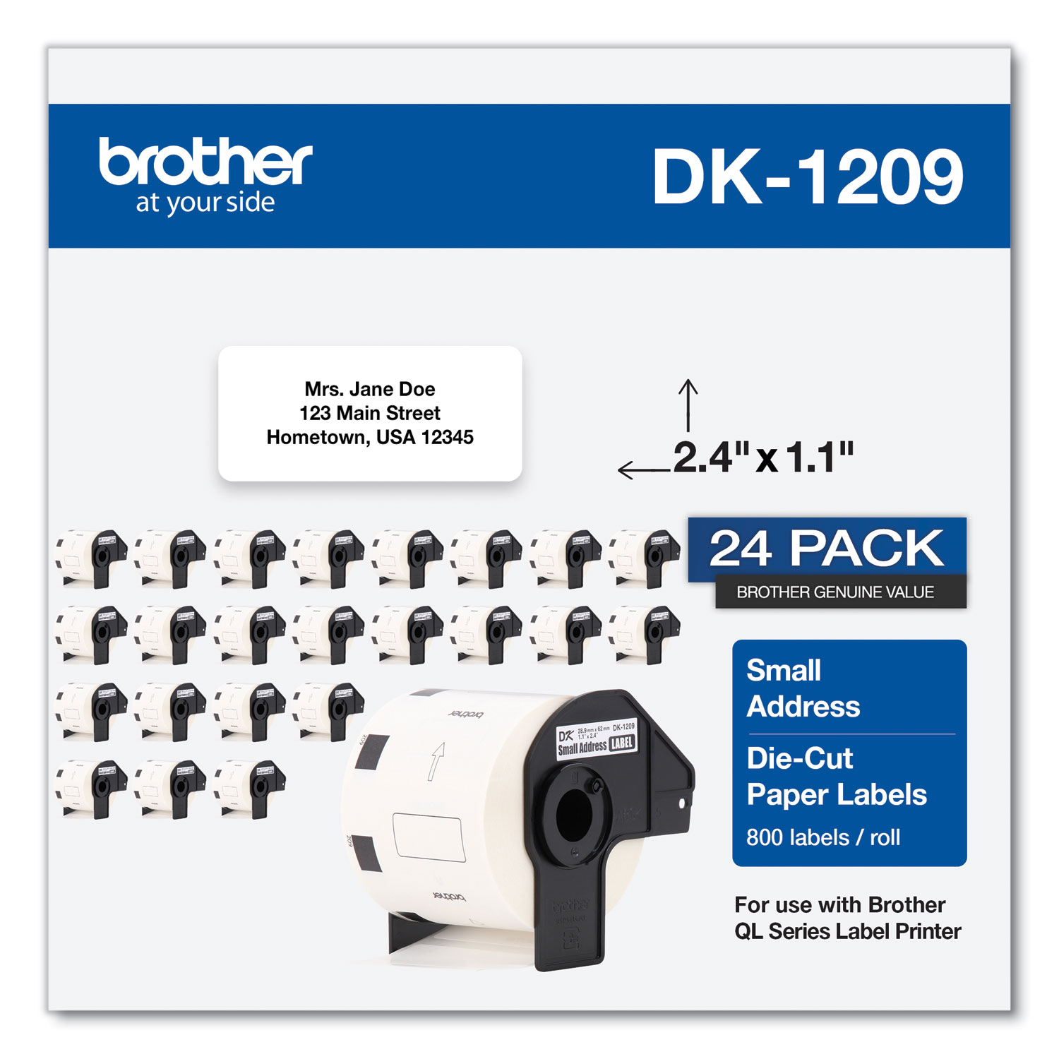  Brother DK120924PK Die-Cut Address Labels, 1.1 x 2.4, White, 800/Roll, 24 Rolls/Pack (BRTDK120924PK) 