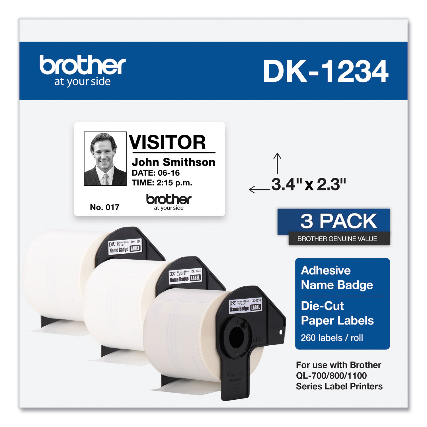  Brother DK12343PK Die-Cut Name Badge Labels, 2.3 x 3.4, White, 260/Roll, 3 Rolls/Pack (BRTDK12343PK) 