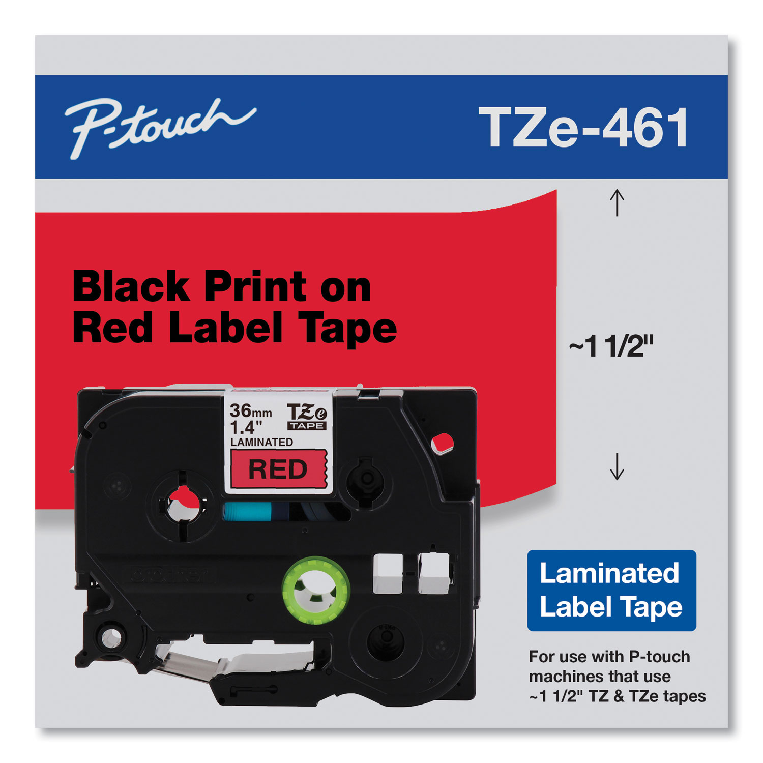  Brother P-Touch TZE461CS TZe Standard Adhesive Laminated Labeling Tape, 1.4 x 26.2 ft, Black on Red (BRTTZE461CS) 