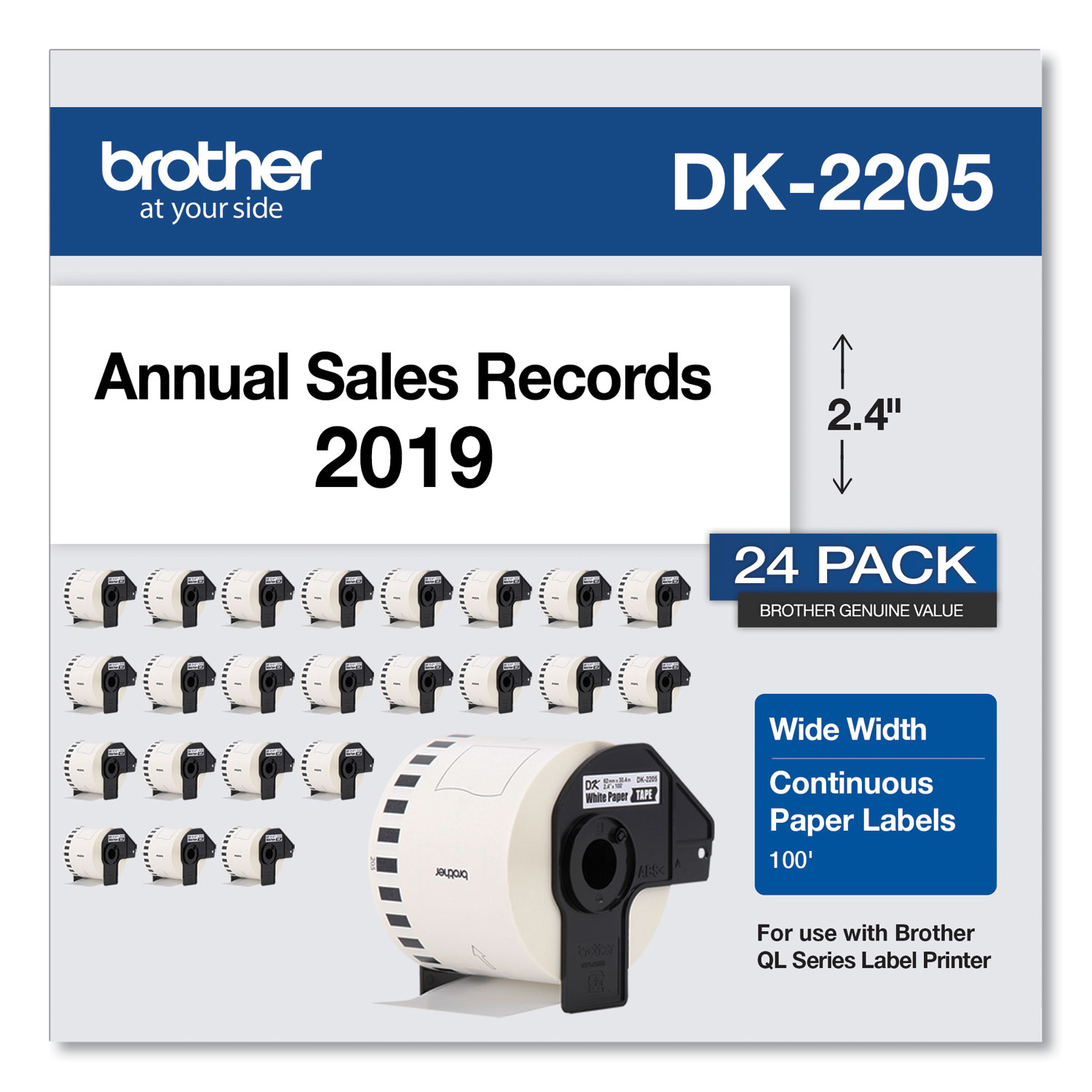  Brother DK220524PK Continuous Paper Label Tape, 2.4 x 100 ft, White, 24 Rolls/Pack (BRTDK220524PK) 