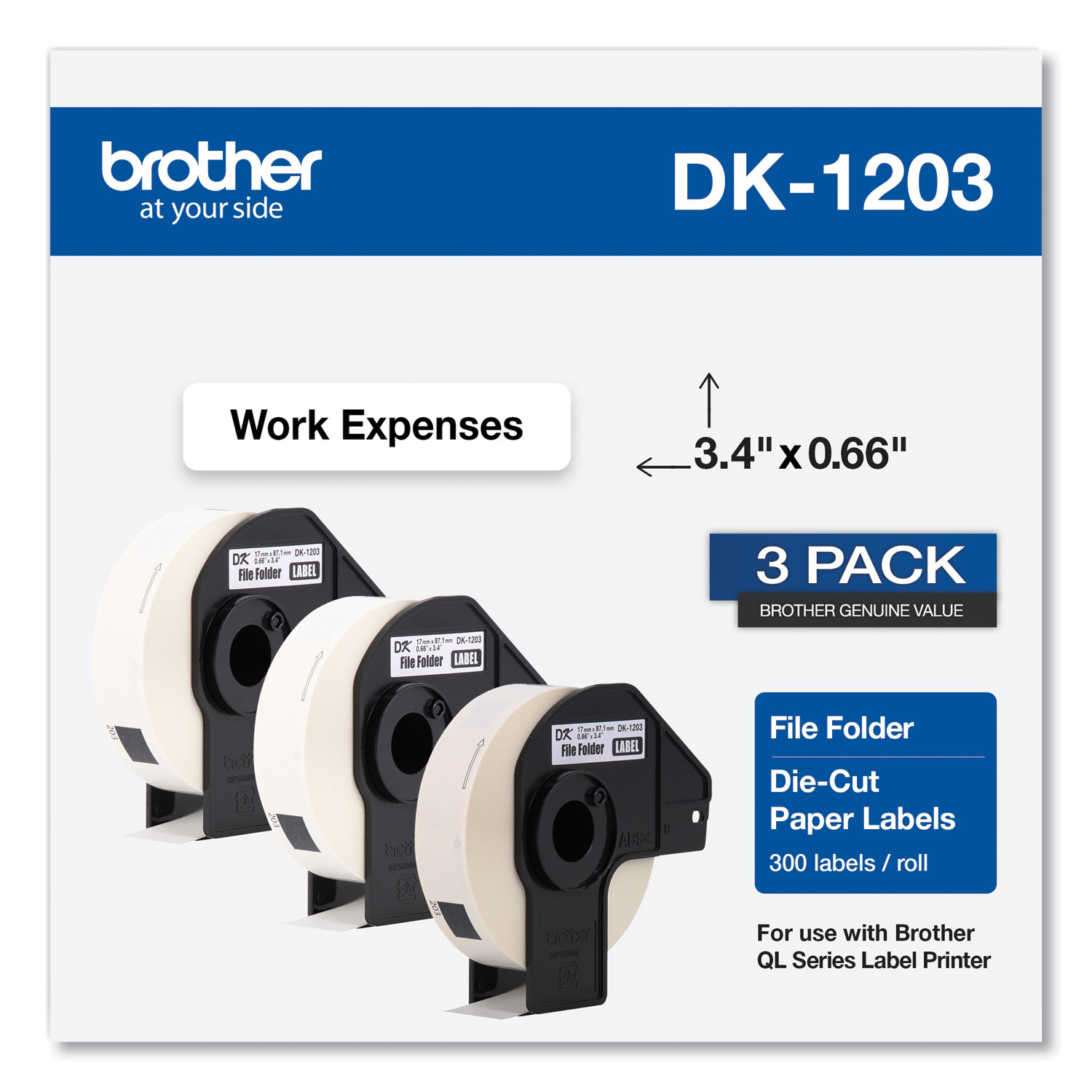  Brother DK12033PK Die-Cut File Folder Labels, 0.66 x 3.4, White, 300/Roll, 3 Rolls/Pack (BRTDK12033PK) 