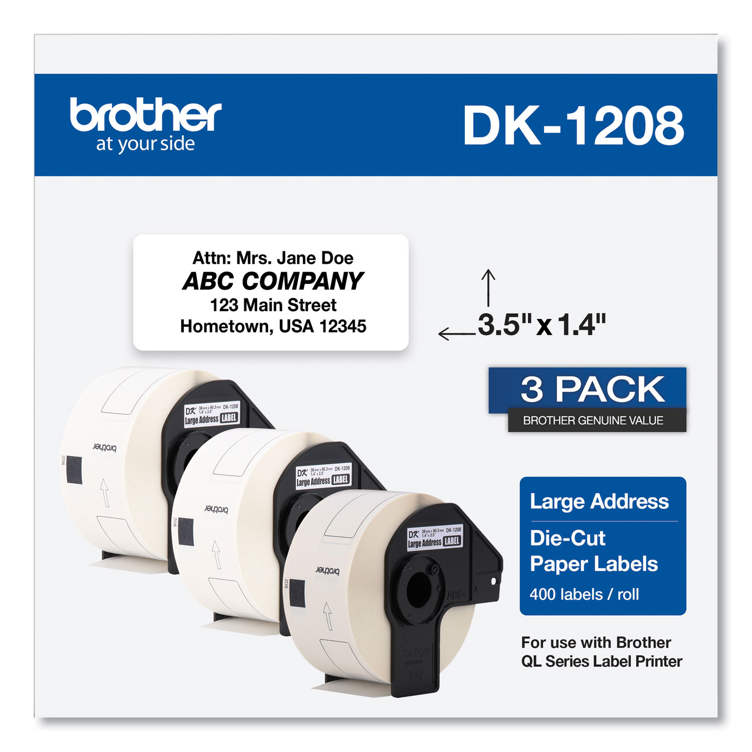 Brother Die-Cut Address Labels, 1.4 x 3.5, White, 400/Roll, 3 Rolls/Pack