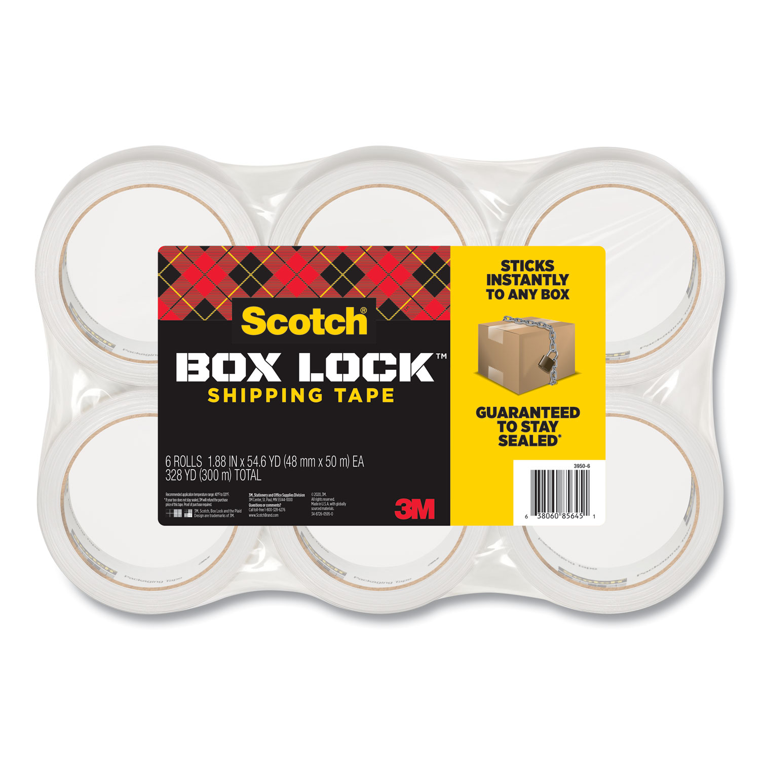Scotch® Box Lock Shipping Packaging Tape, 3 Core, 1.88 x 54.6 yds, Clear, 6/Pack