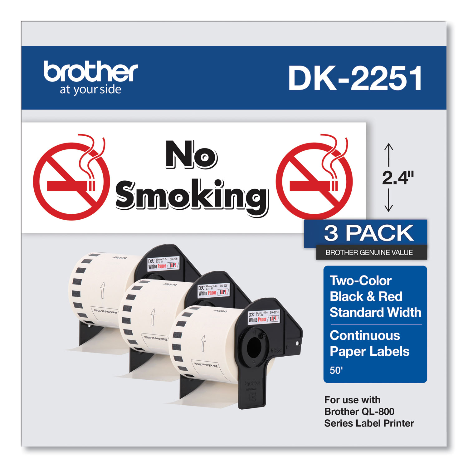  Brother DK22513PK Continuous Paper Label Tape, 2.44 x 100ft, White, 3 Rolls/Pack (BRTDK22513PK) 