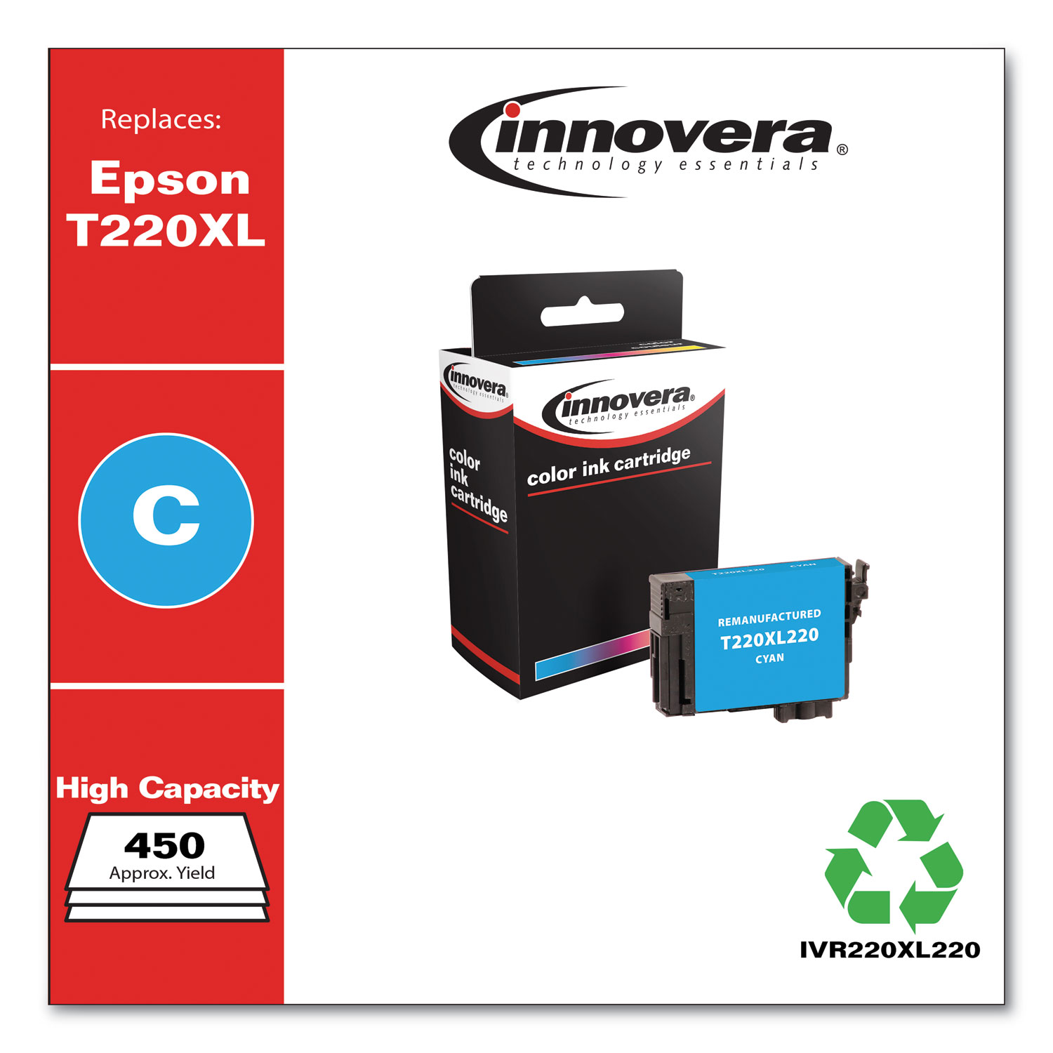  Innovera IVR220XL220 Remanufactured Cyan High-Yield Ink, Replacement for Epson T220XL (T220XL220), 450 Page-Yield (IVR220XL220) 