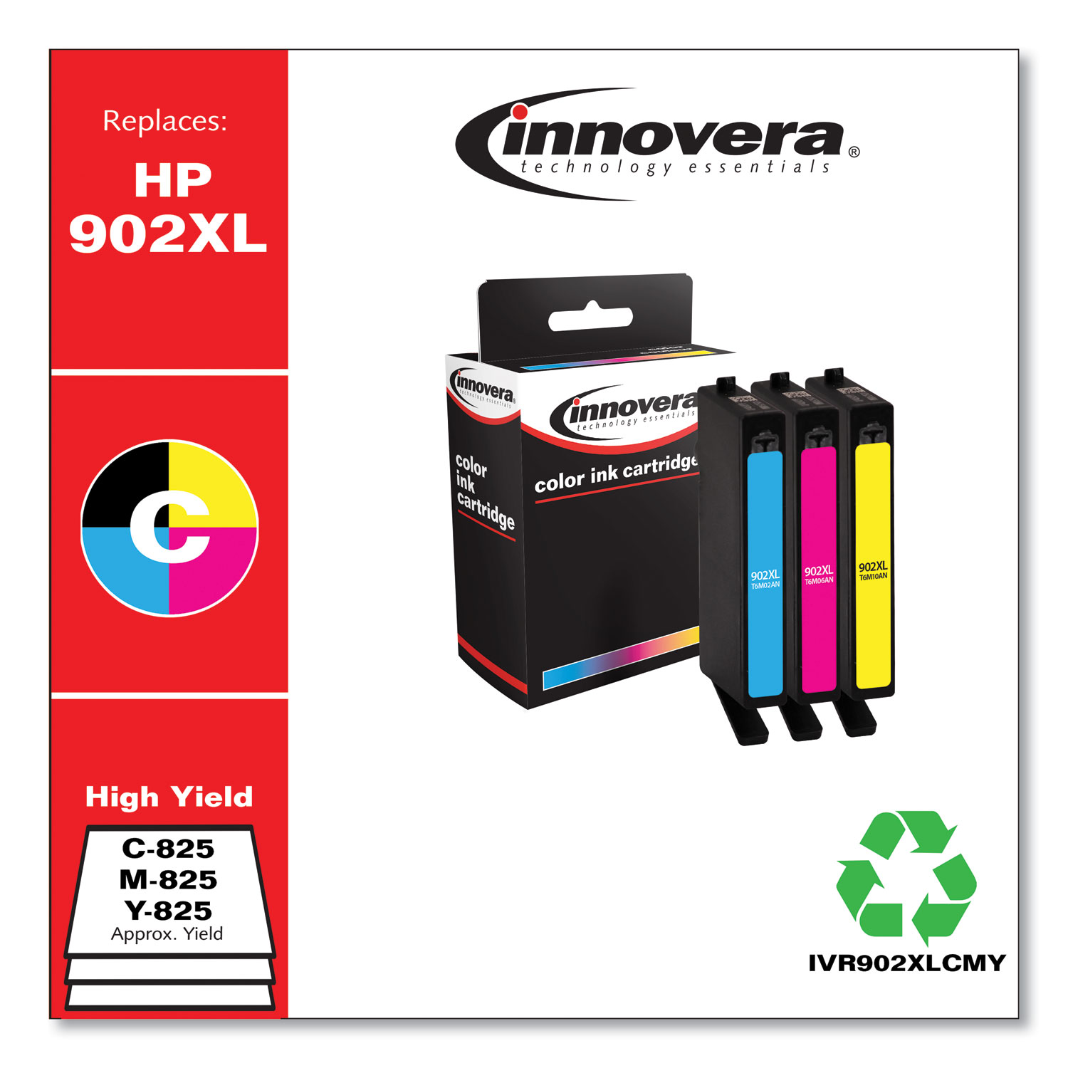  Innovera IVR902XLCMY Remanufactured Cyan/Magenta/Yellow High-Yield Ink, Replacement for 902XL (T6M02AN), 825 Page-Yield (IVR902XLCMY) 