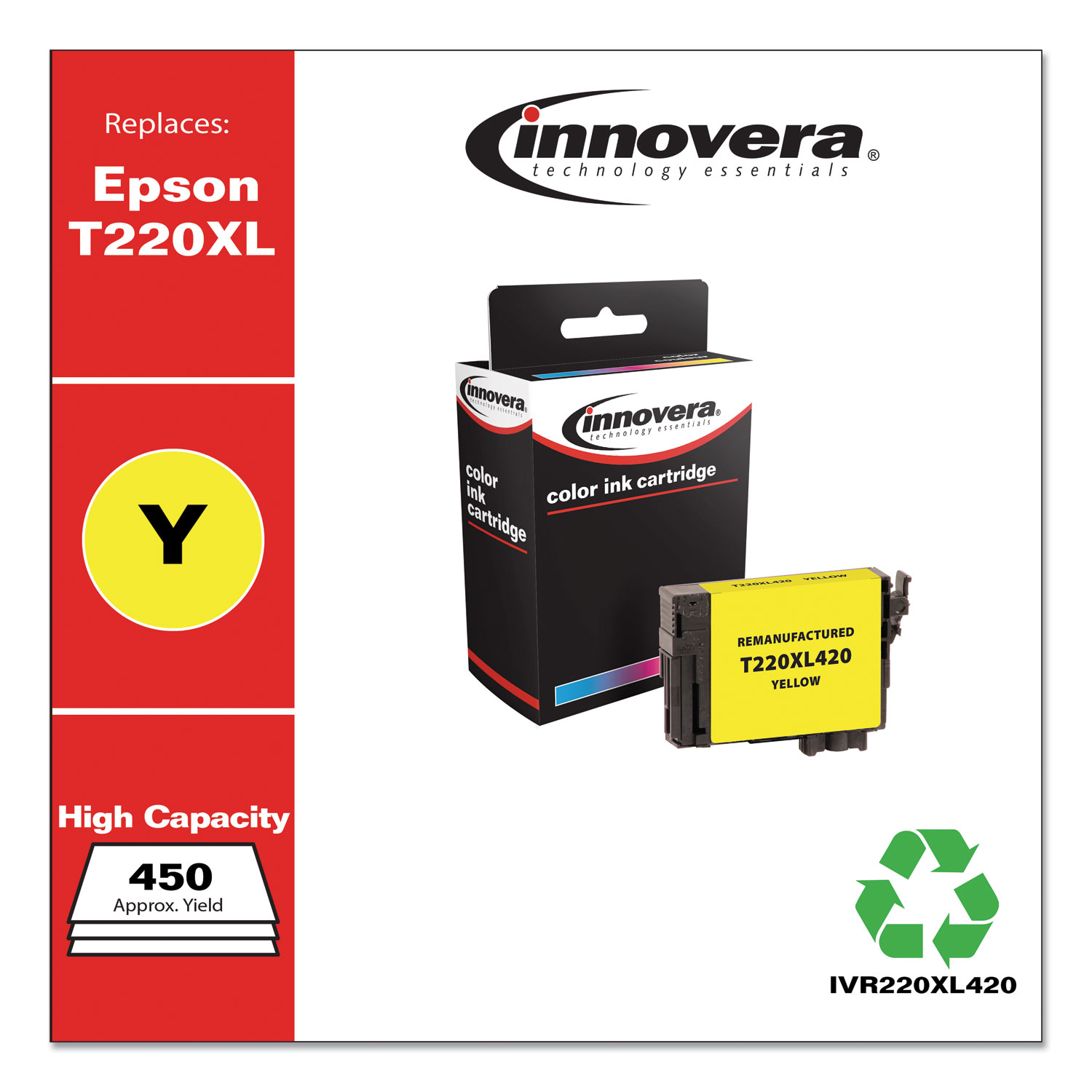  Innovera IVR220XL420 Remanufactured Yellow High-Yield Ink, Replacement for Epson T220XL (T220XL420), 450 Page-Yield (IVR220XL420) 