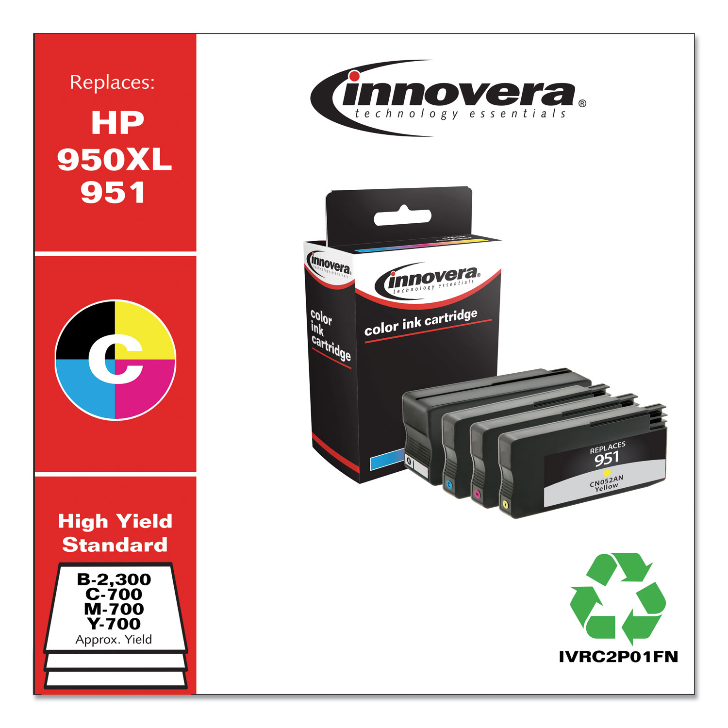  Innovera IVRC2P01FN Remanufactured Black/Cyan/Magenta/Yellow High-Yield Ink, Replacement for HP 950XL/951 (C2P01FN), 300/700 Page-Yield (IVRC2P01FN) 