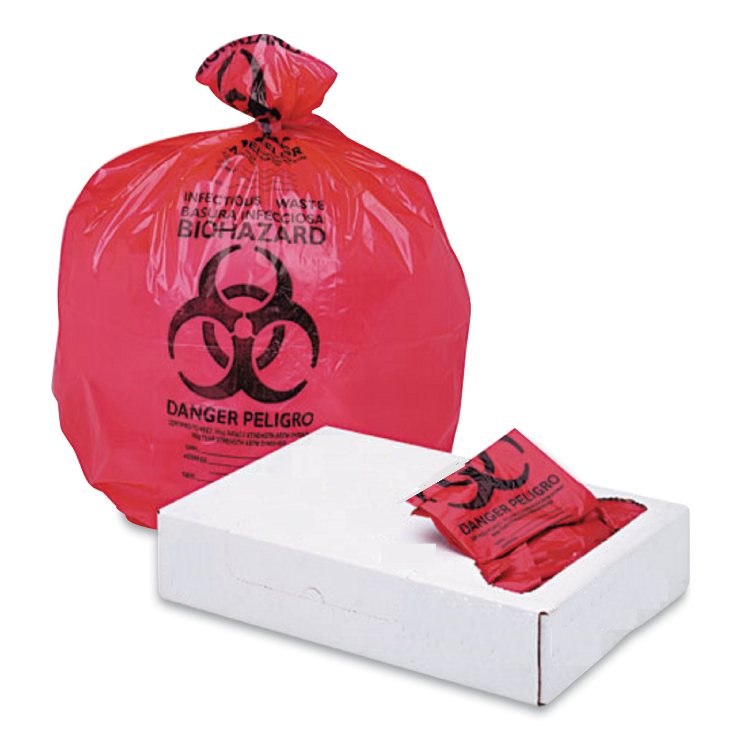 Boardwalk® Linear Low Density Health Care Trash Can Liners, 45 gal, 1.3 mil, 40 x 46, Red, 100/Carton