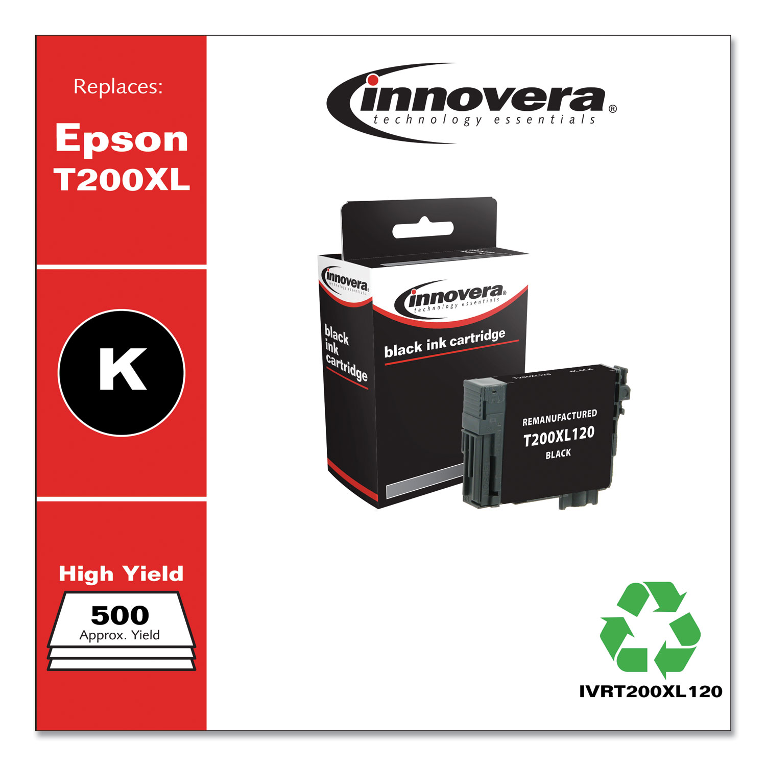  Innovera IVRT200XL120 Remanufactured Black High-Yield Ink, Replacement for Epson T200XL (T200XL120), 500 Page-Yield (IVRT200XL120) 
