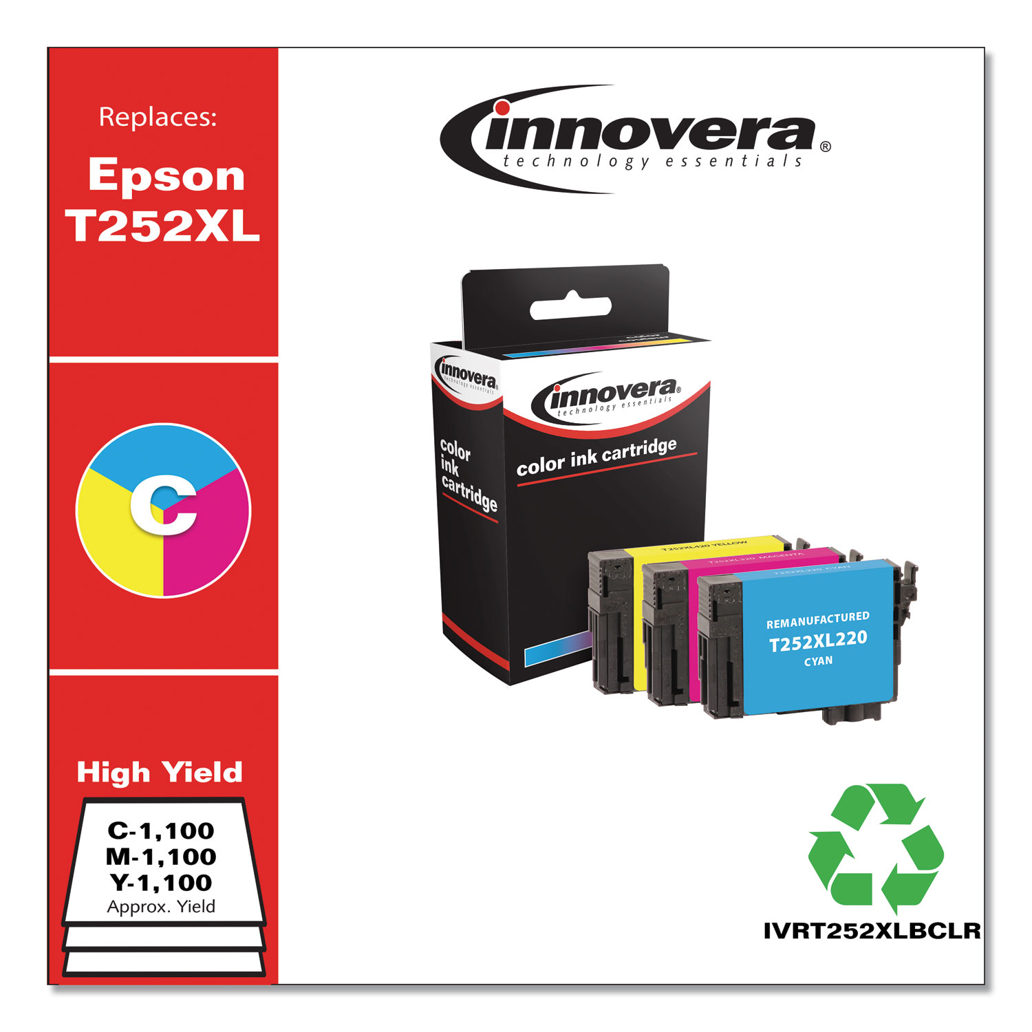  Innovera IVRT252XLBCLR Remanufactured Cyan/Magenta/Yellow High-Yield Ink, Replacement for Epson T252XL (T252XL220/320/420) 1,100 Page-Yield (IVRT252XLBCLR) 