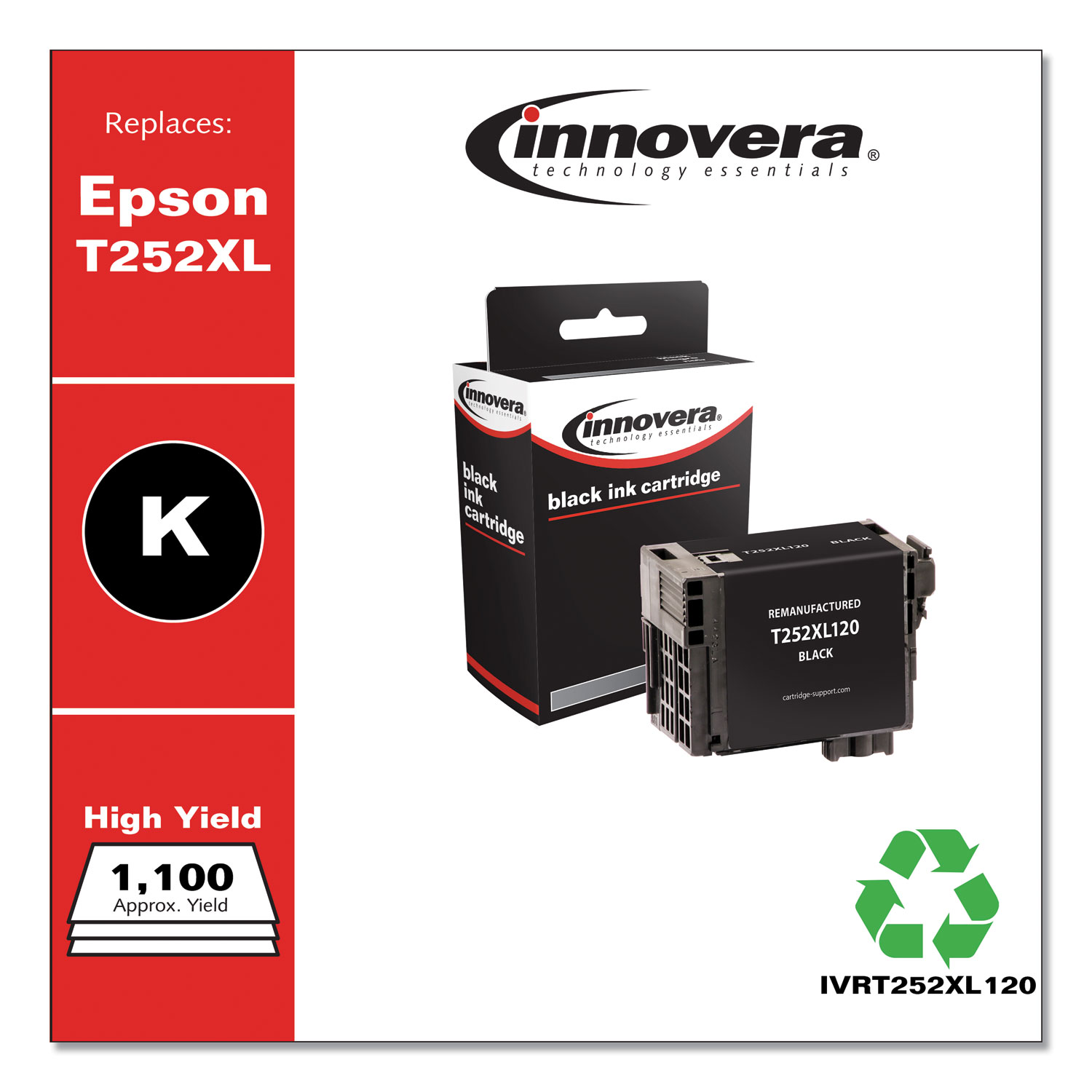  Innovera IVRT252XL120 Remanufactured Black High-Yield Ink, Replacement for Epson T252XL (T252XL120), 1,100 Page-Yield (IVRT252XL120) 