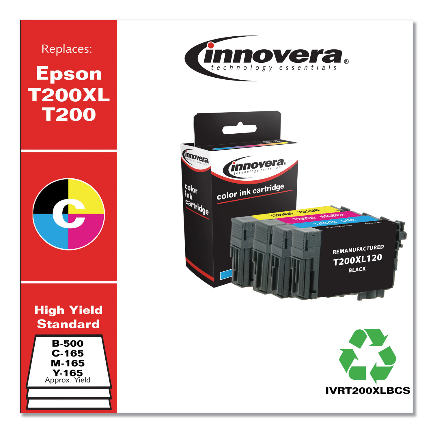  Innovera IVRT200XLBCS Remanufactured Black/Cyan/Magenta/Yellow Ink, Replacement for Epson T200XL/T200 (T200XL-BCS), 500/165 Page-Yield (IVRT200XLBCS) 