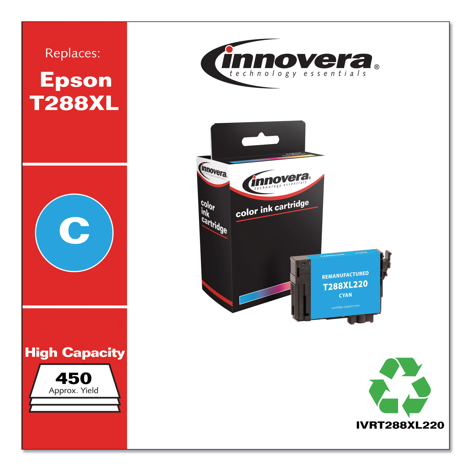  Innovera IVRT288XL220 Remanufactured Cyan High-Yield Ink, Replacement for Epson T288XL (T288XL220), 450 Page-Yield (IVRT288XL220) 