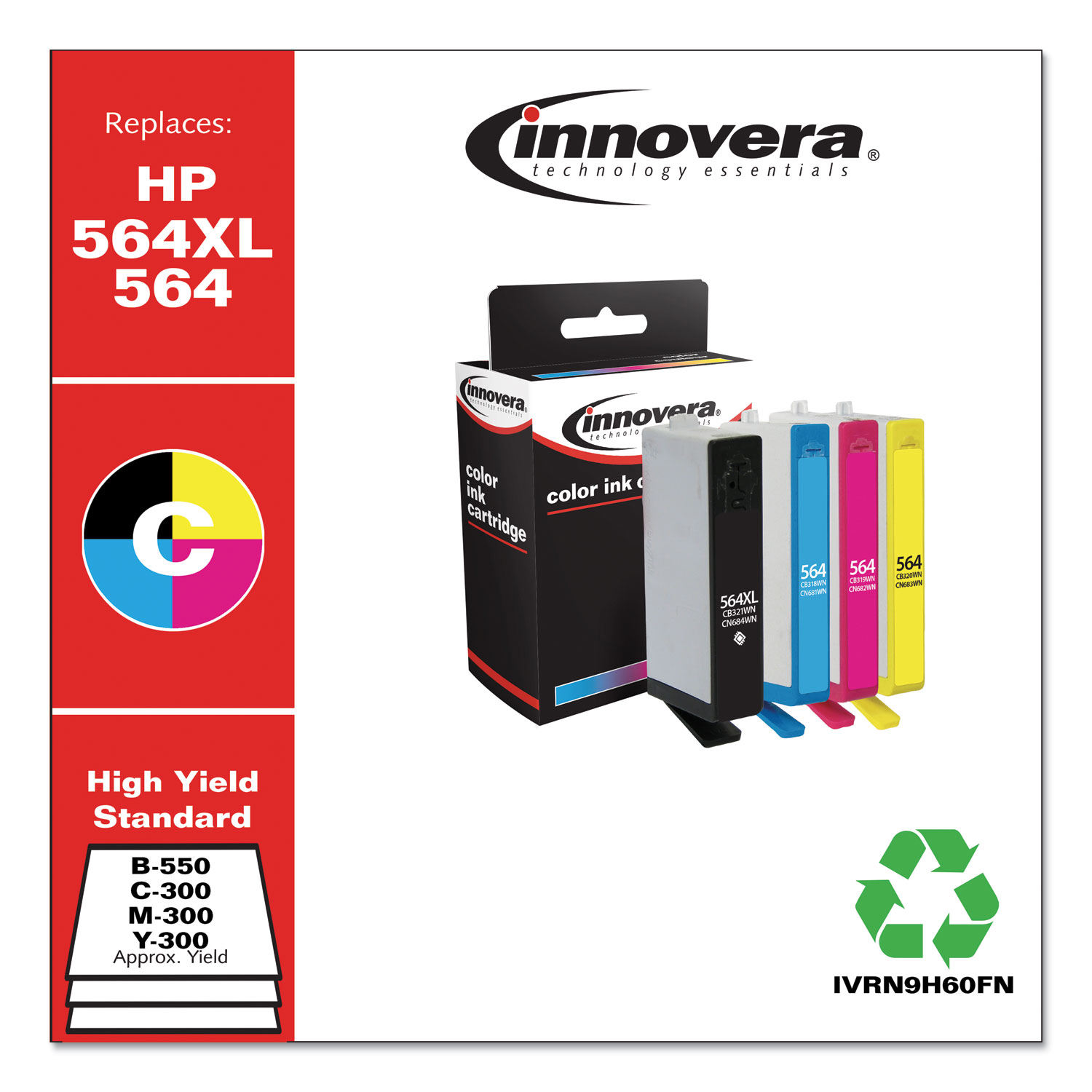  Innovera IVRN9H60FN Remanufactured Black/Cyan/Magenta/Yellow Ink, Replacement for HP 564XL/564 (N9H60FN), 550/300 Page-Yield (IVRN9H60FN) 